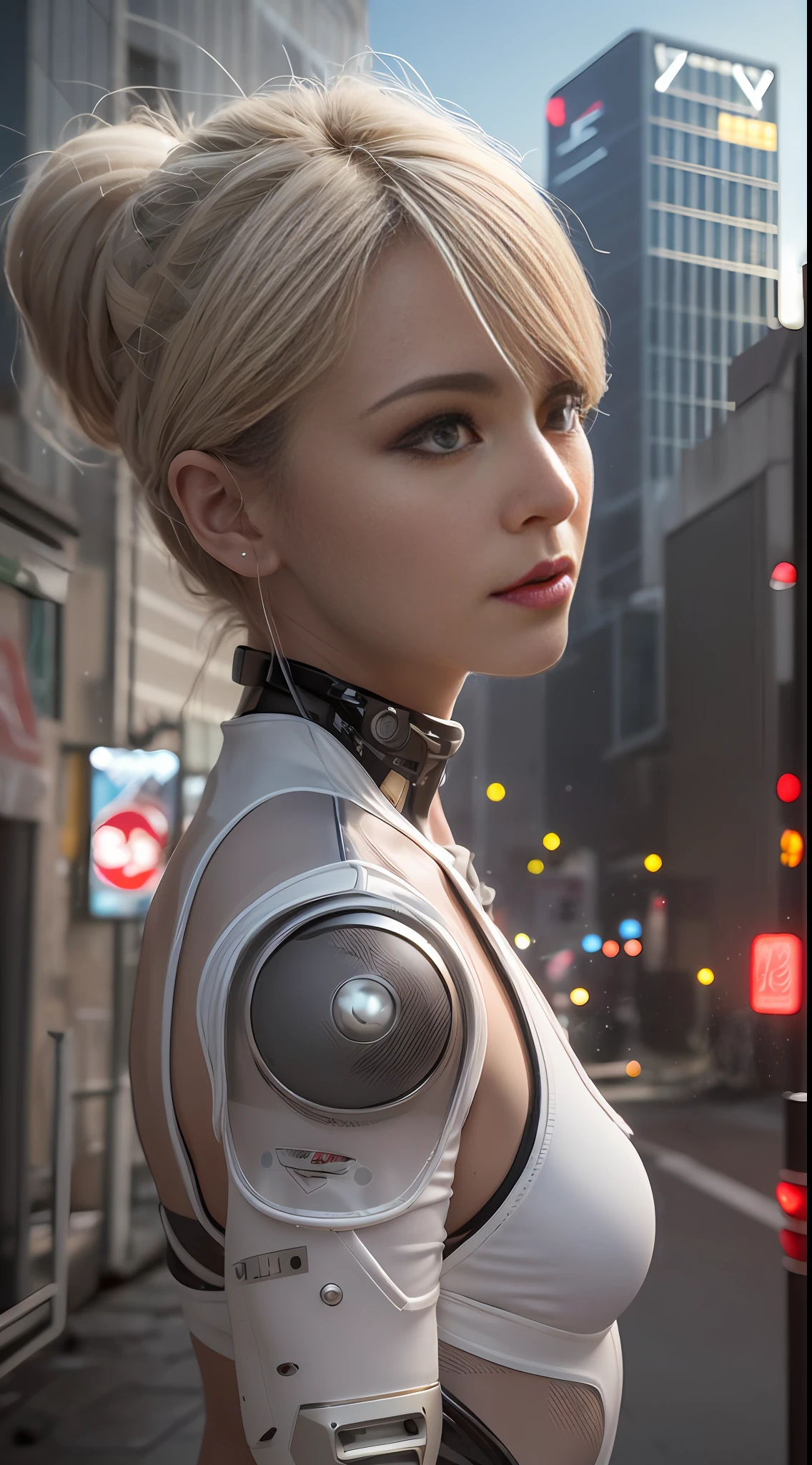 ((best quality)), ((masterpiece)), ((realistic)), (detailed), (photorealistic:1.5), a futuristic girl, (thick body), (white bodysuit), lights on armor, cybernetic headwear, looking at viewer, dynamic pose, post apocalyptic, destroyed city background, buildings on fire, science fiction, hdr, ray tracing, nvidia rtx, super-resolution, unreal 5, subsurface scattering, pbr texturing, post-processing, anisotropic filtering, depth of field, maximum clarity and sharpness, rule of thirds, 8k raw, (luminescent particles:1.4), (extremely detailed cg, unity 8k wallpaper, 3d, cinematic lighting, lens flare), reflections, sharp focus, cyberpunk art, cyberpunk architecture,