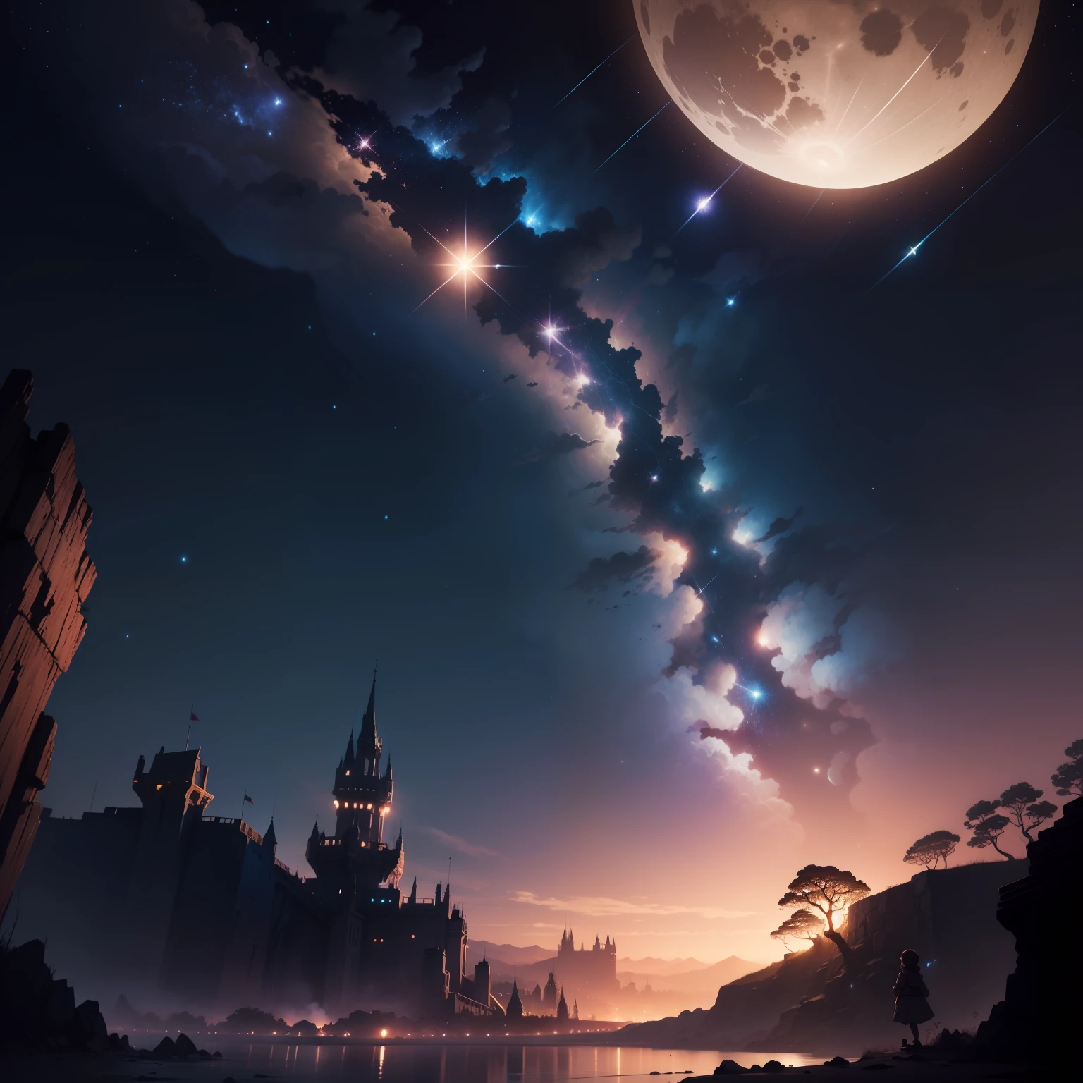 drawing shooting stars in a starry sky, night, stars, moon, scenery, fantasy environment, cartoon style wall disney, children's character, high definition, ultra detailed, ultra sharp,
