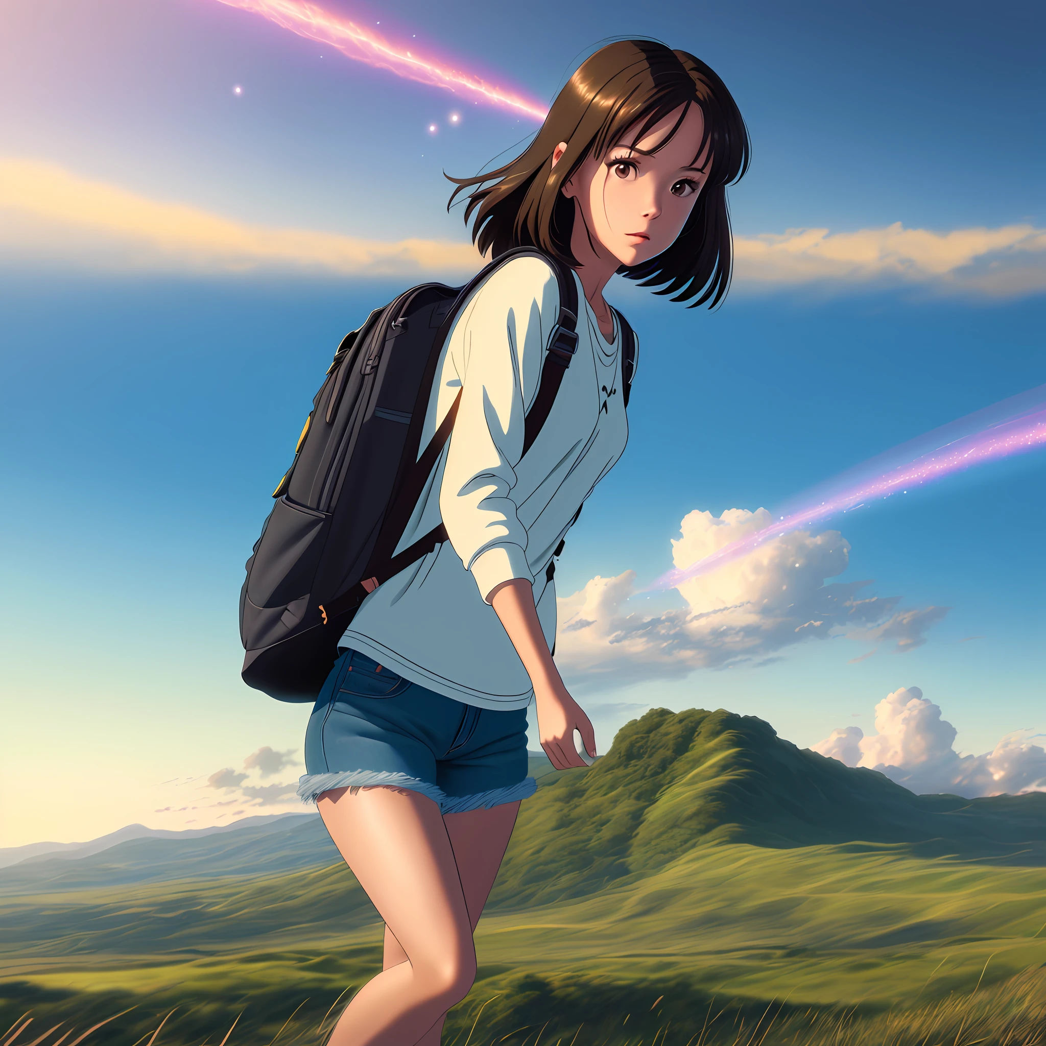 (beautiful and magnificent skyline, majestic sky), (extremely tense and dramatic pictures, moving visual effects), (high hanging Polaris, colorful natural light), (1girl), (long-sleeved top, denim shorts, carrying a backpack), (dynamic pose:1.3, black eyes, black hime-cut hair, sparkling girl)[:0.8], (large grassland), (oncoming breeze), (brown hair and background Coordination effect: 1.2), (close shot, long shot mix and match)[::0.9]