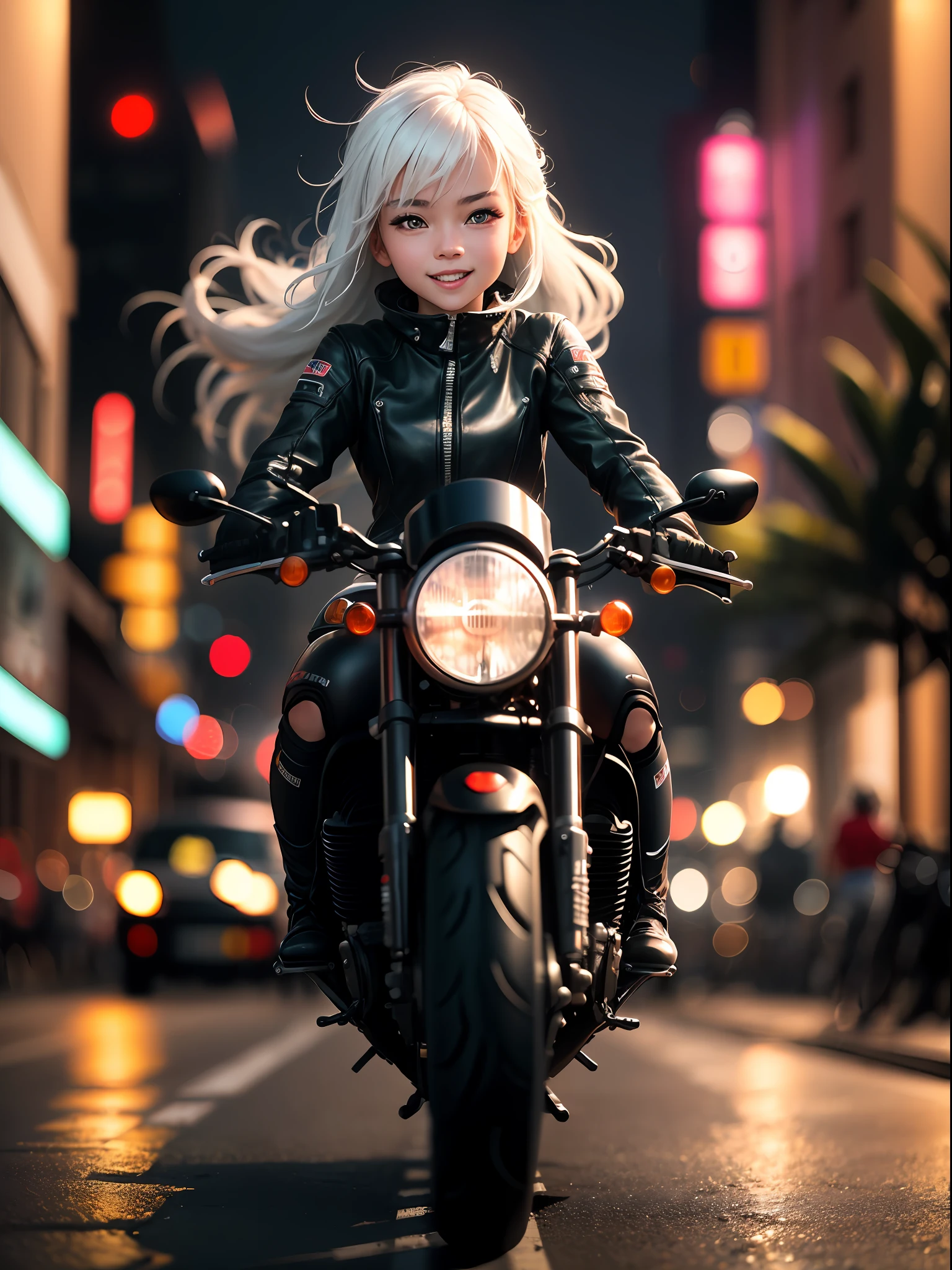 (Photo: 1.5), (High definition: 1.3), (Bokeh: 1.5), Motorcycle running through a city with beautiful neon lights and lighting at night, and running through at full throttle pleasantly, Kawaii 1 girl driving a motorcycle, white hair, red eyes, like a scene from an action movie, happy expression,
