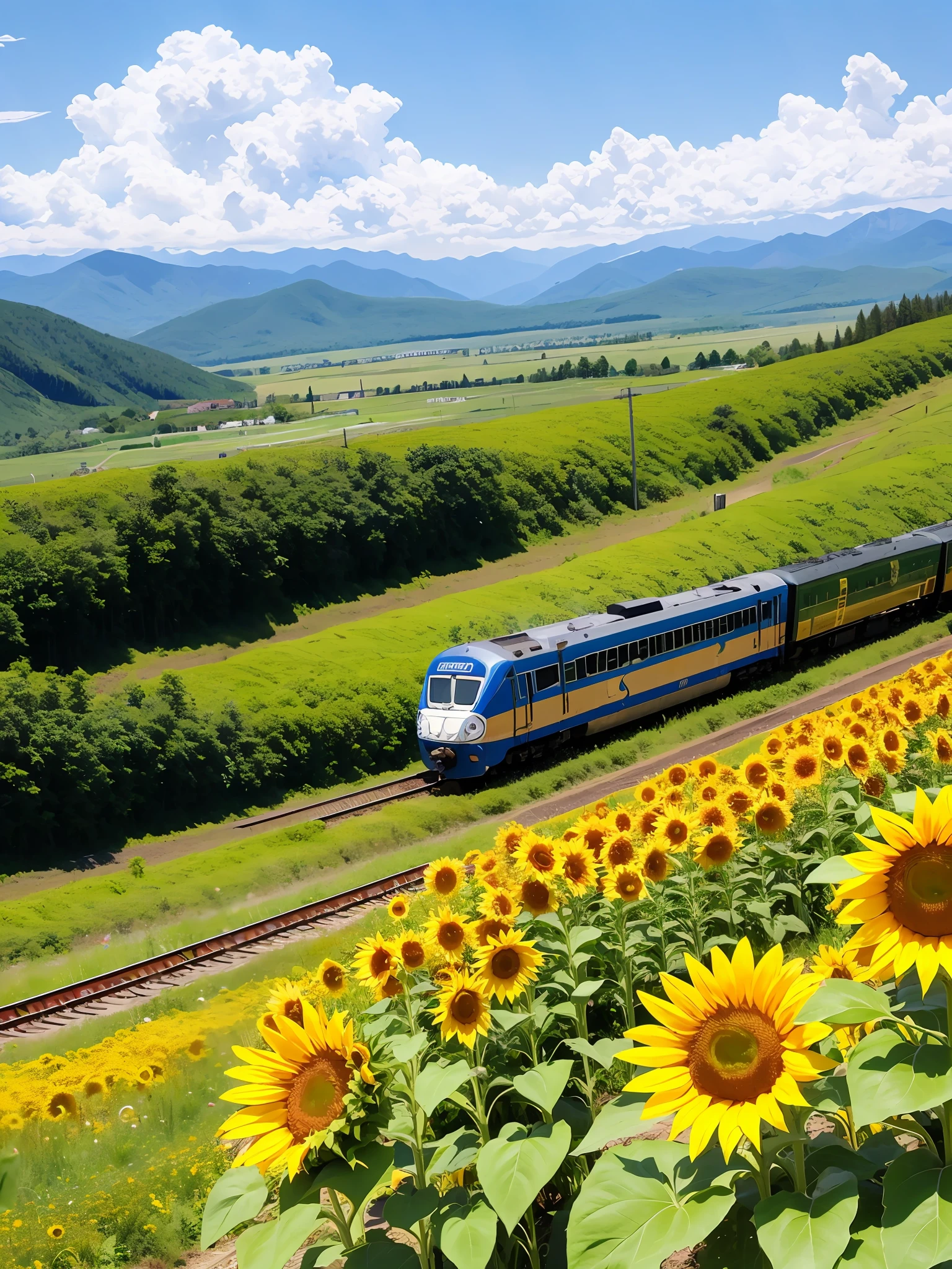 Train Sunflower Field Mountains Blue Sky