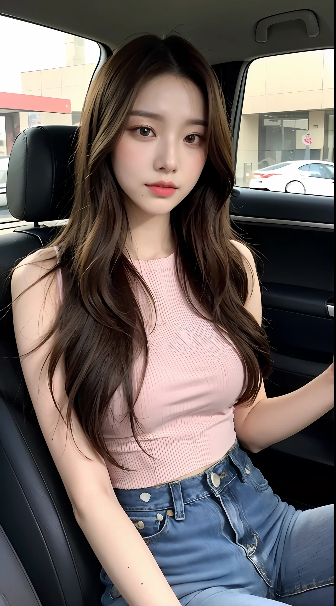 A beautiful girl about 20 years old, brown hair, delicate facial features, peerless beauty, wearing a pink and white French high-waisted top, wearing blue jeans, sitting in the car, full body photo