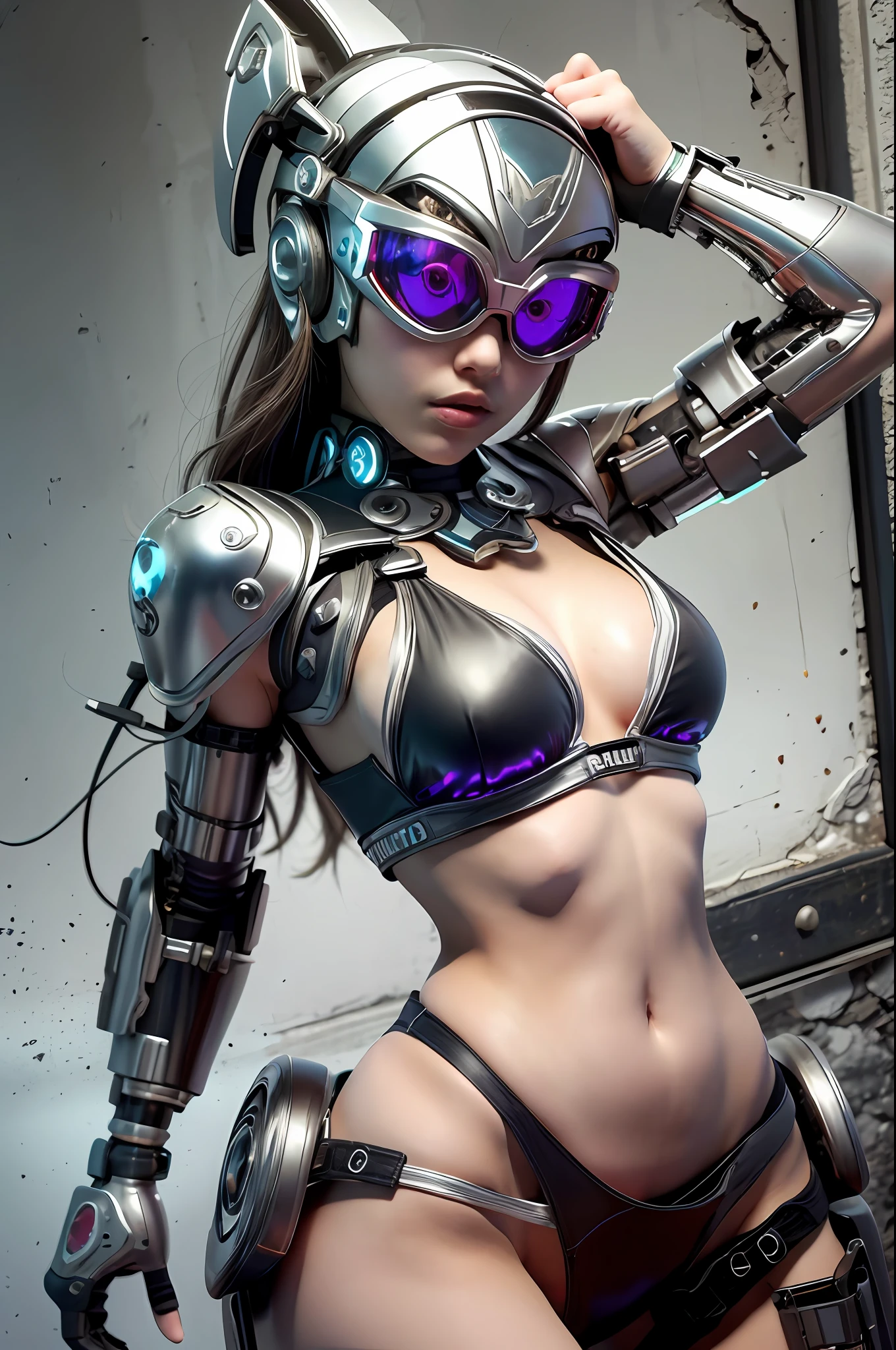 cyborg, girl, cute, y, strong, slender, bikini, high leg, silver, headgear, goggles, near future, ruin