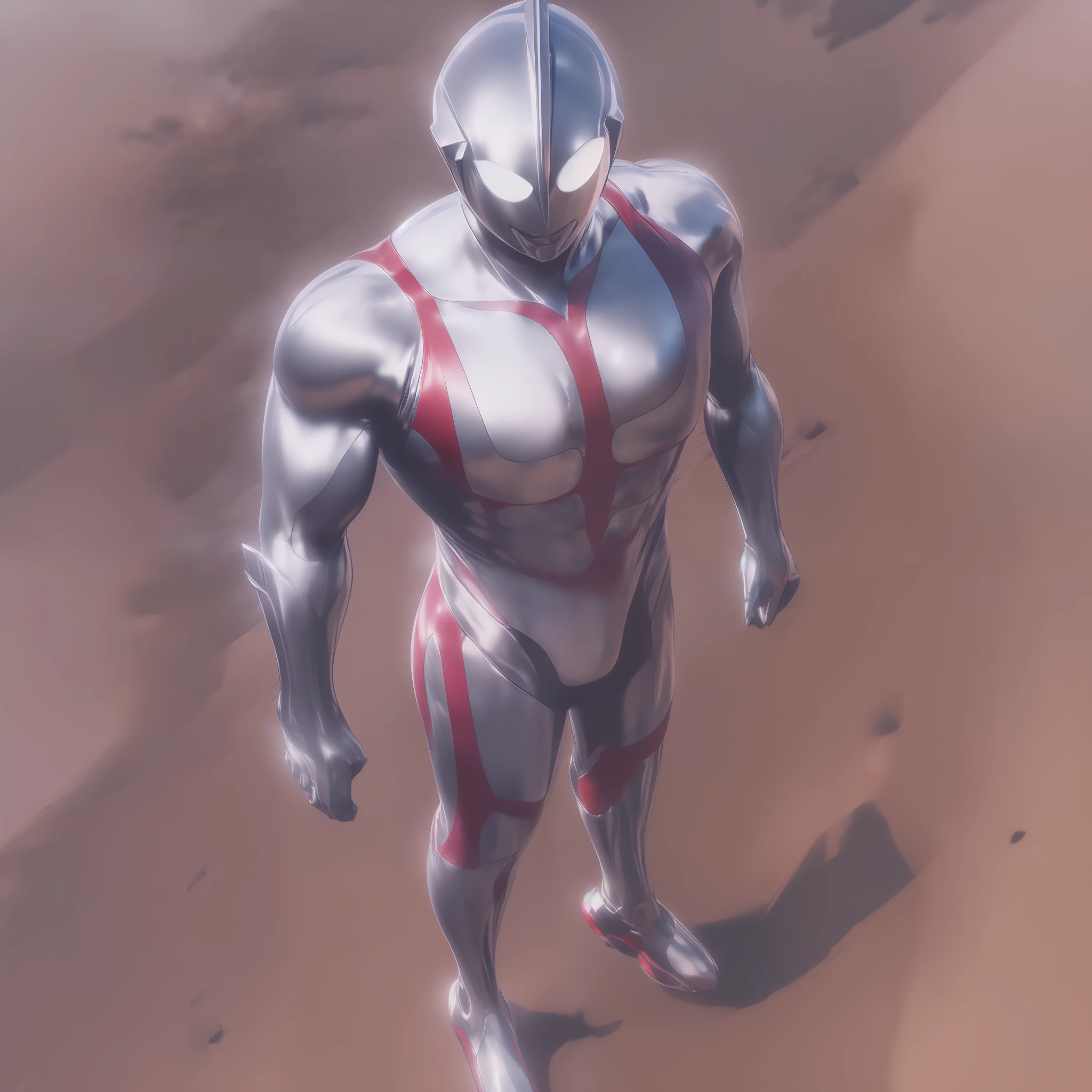 (Masterpiece, Superb Quality, Super Delicate, High Resolution), Male Focus, (((Ultraman))), (((Muscle))), (His head is tapered, his body is made of red and silver, his arms are streamlined, there is a round calculator on his chest, he looks tall and thin, the overall shape is streamlined and modern), (Standing pose), Pose for Photos, Top View, Dark Night, City Ruins, Background Details, ((((Full Body))), From Above, Solo, (((Sense of Greatness))