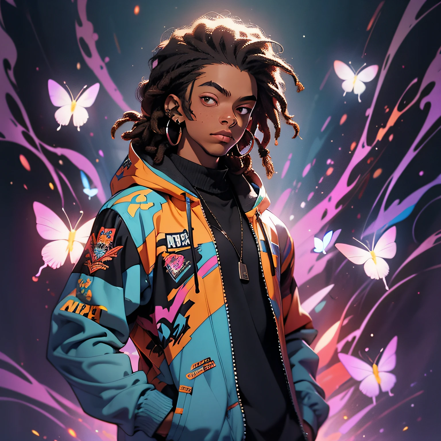 black male character, Short Hair, ((Dreadlocks)), wearing dark hooded coat, with blooming blue butterflies in the background on the character's clothing and face, holographic background, deep dark shadows, cinematic lighting, Realistic, (masterpiece, top quality, best quality, official art,), very detailed, more detailed, (1boy:1.3), black hair, (bright red eyes), mysterious, handsome men, ((hip hop style))