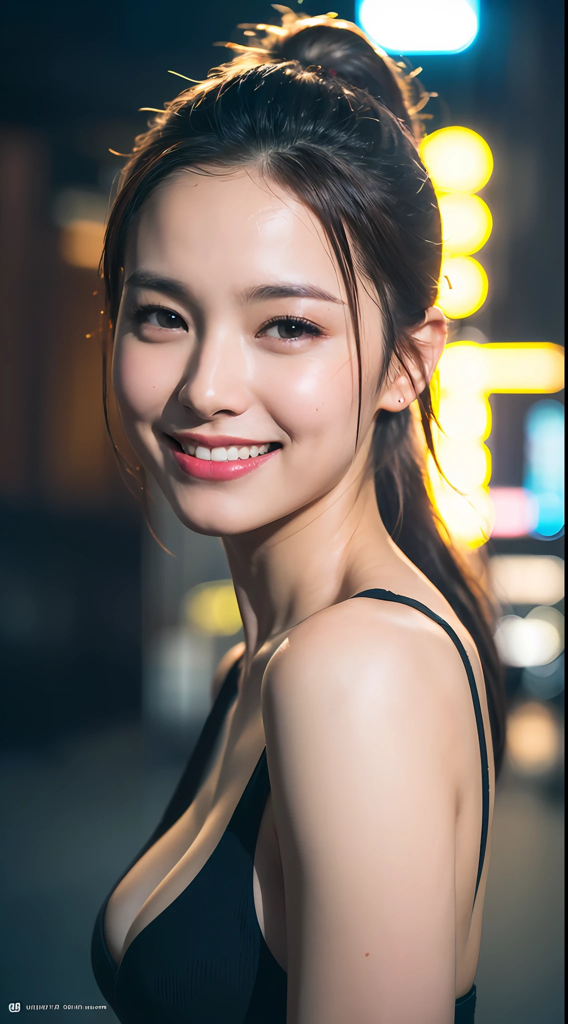 (8k, RAW Photos, Best Quality, High Resolution: 1.1), (Ultra-Realistic: 1.4), (Realistic, Photorealistic: 1.3), Soft Light, Big Girl, Realistic Face, Realistic Body, Realistic Skin, Absurdity, Masterpiece, (Cute: 1.8), Cuties, Solo, (Large: 1.2), Detailed Black Eyes, Innocent Eyes, Cheeks, (Tank Top: 1.2), Cinema Light, Film Grain, (((Ponytail: 1.1)), Cherry Colored Lips, Close Up, Look Viewer, Upper Body, Open Lips, Upper Teeth, (Smiling Eyes: 0.6), (((grinning: 1.2)), Depth of Field, Blurred Background, Eye Focus, Bokeh, Midnight, Shinjuku, Neon Sign, Cyberpunk, Rain, 85mm Lens, f/1.4, Professional Lighting, Young, Portrait, Photon mapping, radiosity, and physically based rendering