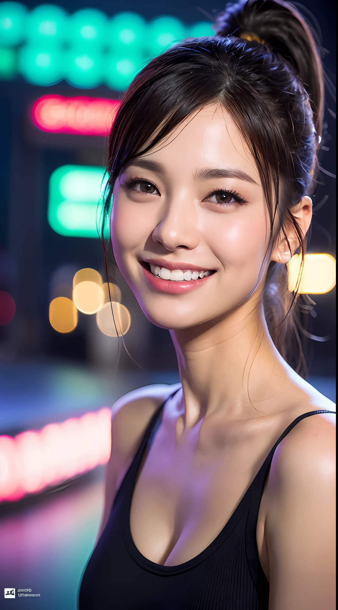 (8k, RAW Photos, Best Quality, High Resolution: 1.1), (Ultra-Realistic: 1.4), (Realistic, Photorealistic: 1.3), Soft Light, Big Girl, Realistic Face, Realistic Body, Realistic Skin, Absurdity, Masterpiece, (Cute: 1.8), Cuties, Solo, (Large: 1.2), Detailed Black Eyes, Innocent Eyes, Cheeks, (Tank Top: 1.2), Cinema Light, Film Grain, (((Ponytail: 1.1)), Cherry Colored Lips, Close Up, Look Viewer, Upper Body, Open Lips, Upper Teeth, (Smiling Eyes: 0.6), (((grinning: 1.2)), Depth of Field, Blurred Background, Eye Focus, Bokeh, Midnight, Shinjuku, Neon Sign, Cyberpunk, Rain, 85mm Lens, f/1.4, Professional Lighting, Young, Portrait, Photon mapping, radiosity, and physically based rendering