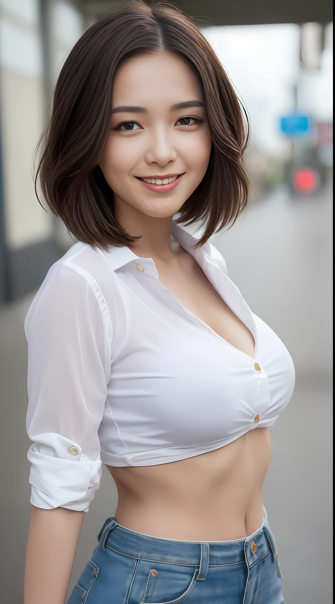 ((Best Quality, 8K, Masterpiece: 1.3)), Sharp Focus: 1.2, A Beautiful Woman with Perfect Figure: 1.4, Slim Abs: 1.2, (Layered Hairstyle,: 1.2)), (Wet White Button Long Shirt: 1.3), Rain: 1.3, Street: 1.2, Wet Body: 1.1, Highly Detailed Face and Skin Texture, Detailed Eyes, Double Eyelids, Big Breasts, Smile,