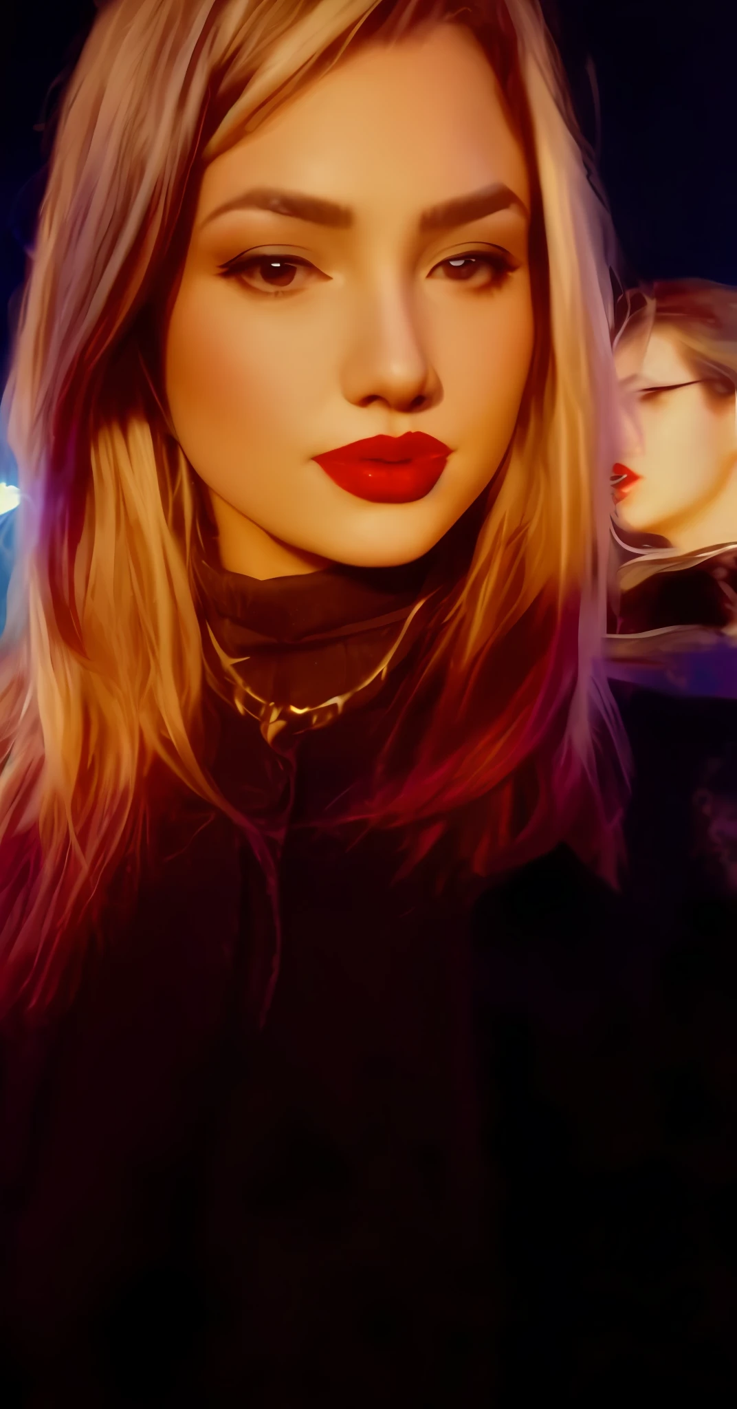 arafed image of a woman with a red lipstick and a black jacket, thick red lips, red lips, small and thick red lips, both have red lips, faint red lips, sexy red lips, neck zoomed in from lips down, inspired by Nan Goldin, deep red lips, big red lips, red lipstick on face, luscious red lips