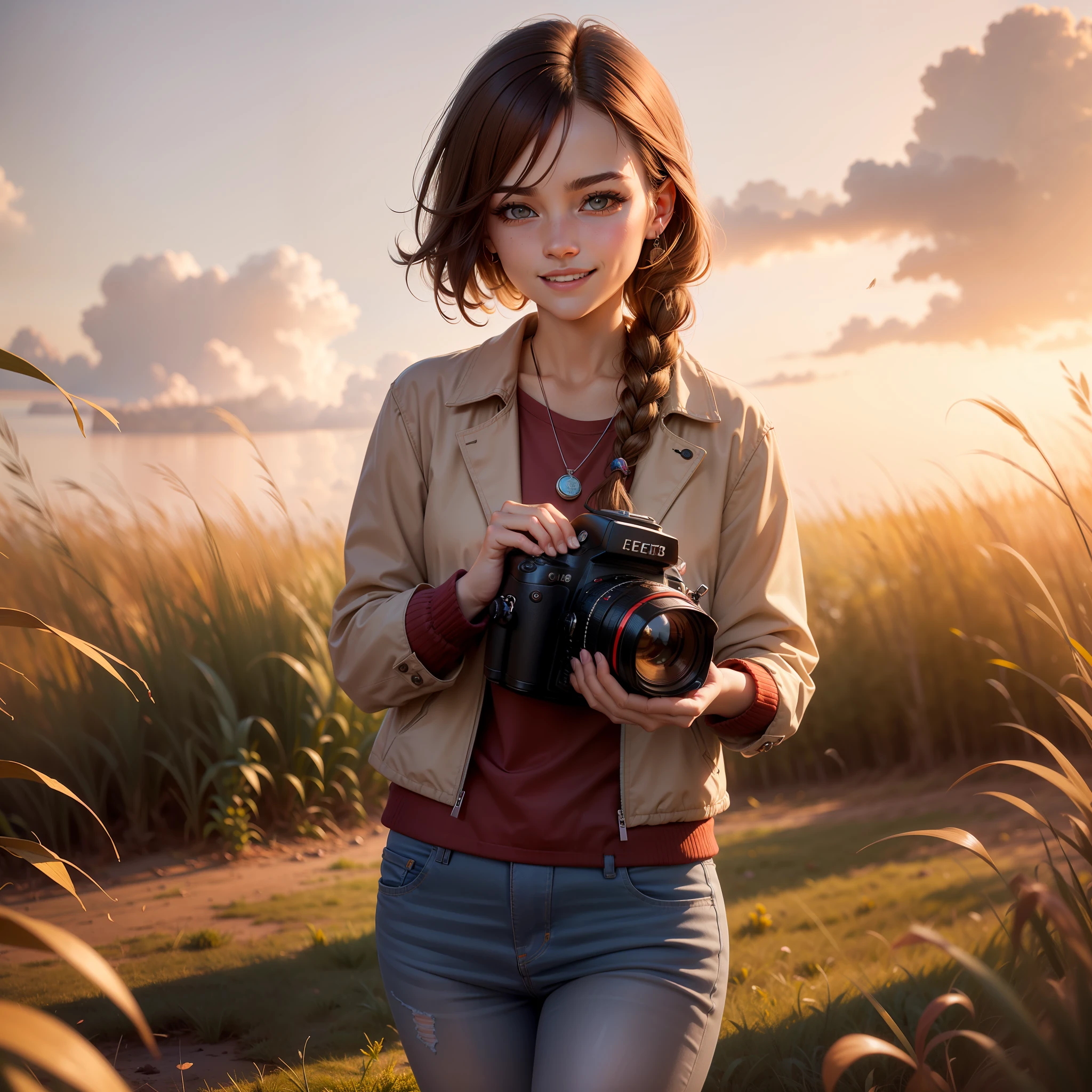 dramatic illumination, dynamic angle, intense color contrast), (woman with brown hair in a braid pulled to her left side, brown skin and brown eyes: 1.2), (agedup),  (carrying camera:1.2), (wearing blue jeans, white long-sleeved shirt and red t-shirt 1:1), (clothes marked with multicoloured flecks of paint: 1.1), (in an empty field:1.3), (wearing locket:1.4), (loose beige jacket blowing in wind:1.3),(bright light, hopeful atmosphere), (smiling, friendly)