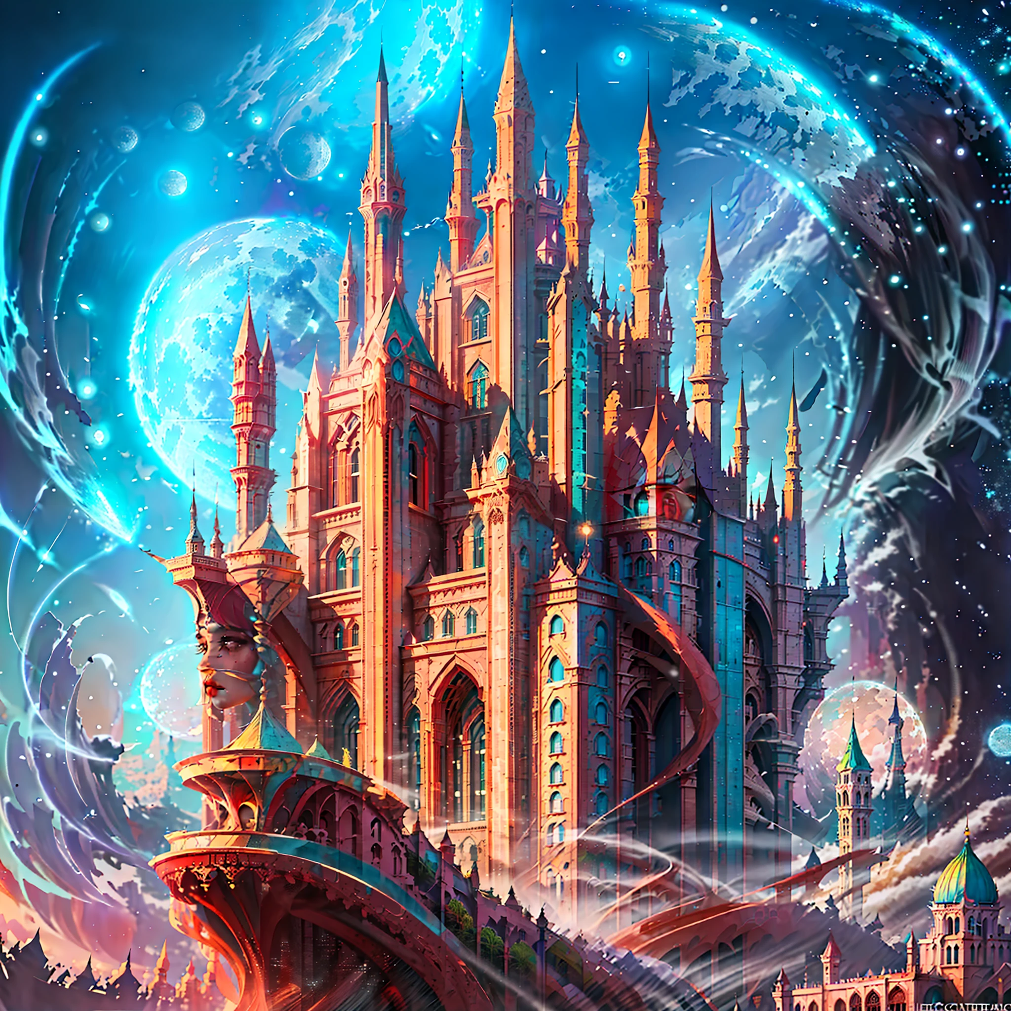 there is a large futuristic masterpiece Arabian castle in Quranic art style in the middle of a futuristic city with a moon, in fantasy sci - fi city, sci-fi fantasy wallpaper, masterpiece concept art cityscape, epic Arabic calligraphy art sci fi illustration, huge futuristic islamic design, fantasy scifi, with masterpiece Quranic art desktop wallpaper, fantasy art city background, in front of a fantasy city, fantasy city, in a castle on an alien planet with masterpiece Calligraphy.