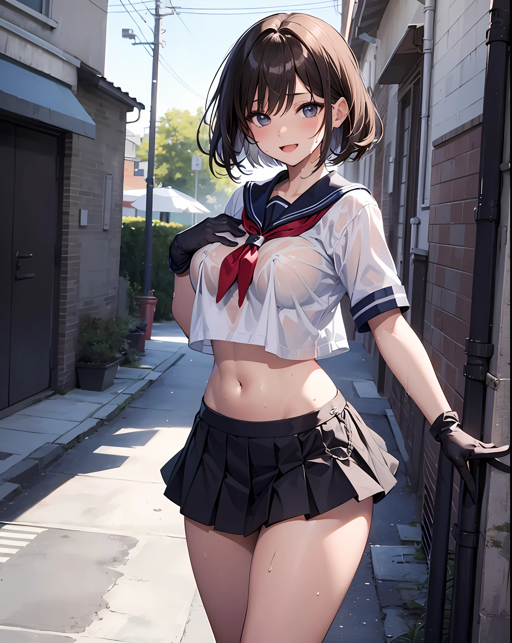 1young_teen_The girls、Loli、brown_hair、medium_bob_hair、blue_midriff_baring_sailor_uniform、mini_skirt、short_sleeve、thickthighs、big_tits,closed_eyes, Sorrisos、open_mouth、dynamic_pose_standing ,dock_background、spread_legs、happiness、NSFW、short_gloves, wet,transparent,covered_nipples, covered_crotch, under_tits, sweat, bare_thighs, (groin:1.5), tan_skin,