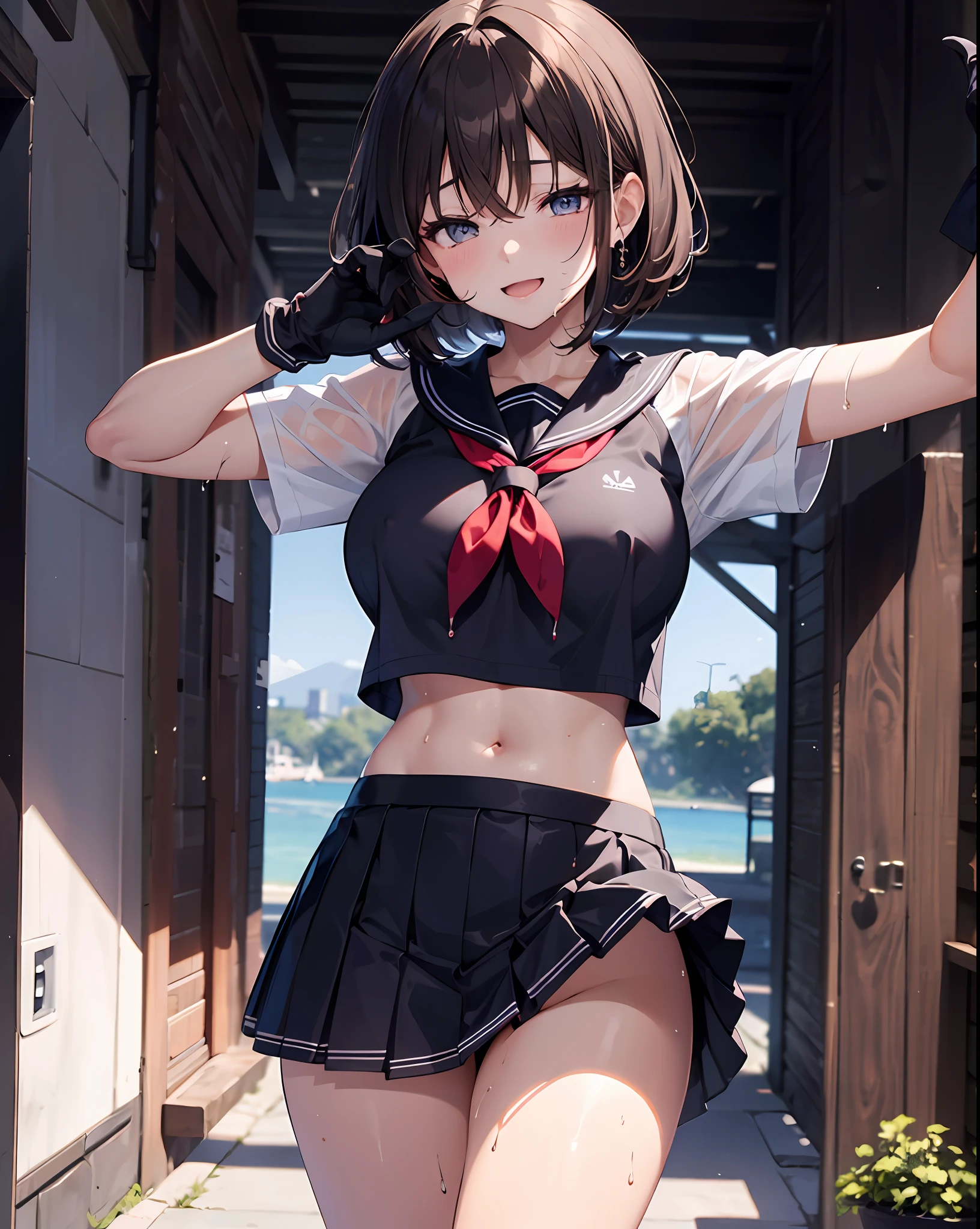 1young__The girls、Loli、brown_hair、medium_bob_hair、blue_midriff_baring_sailor_uniform、mini_skirt、short_sleeve、thickthighs、big_tits,closed_eyes, Sorrisos、open_mouth、dynamic_pose_standing ,dock_background、spread_legs、happiness、NSFW、short_gloves, wet,transparent,covered_nipples, covered_crotch, under_tits, sweat, bare_thighs, (groin:1.5), tan_skin,