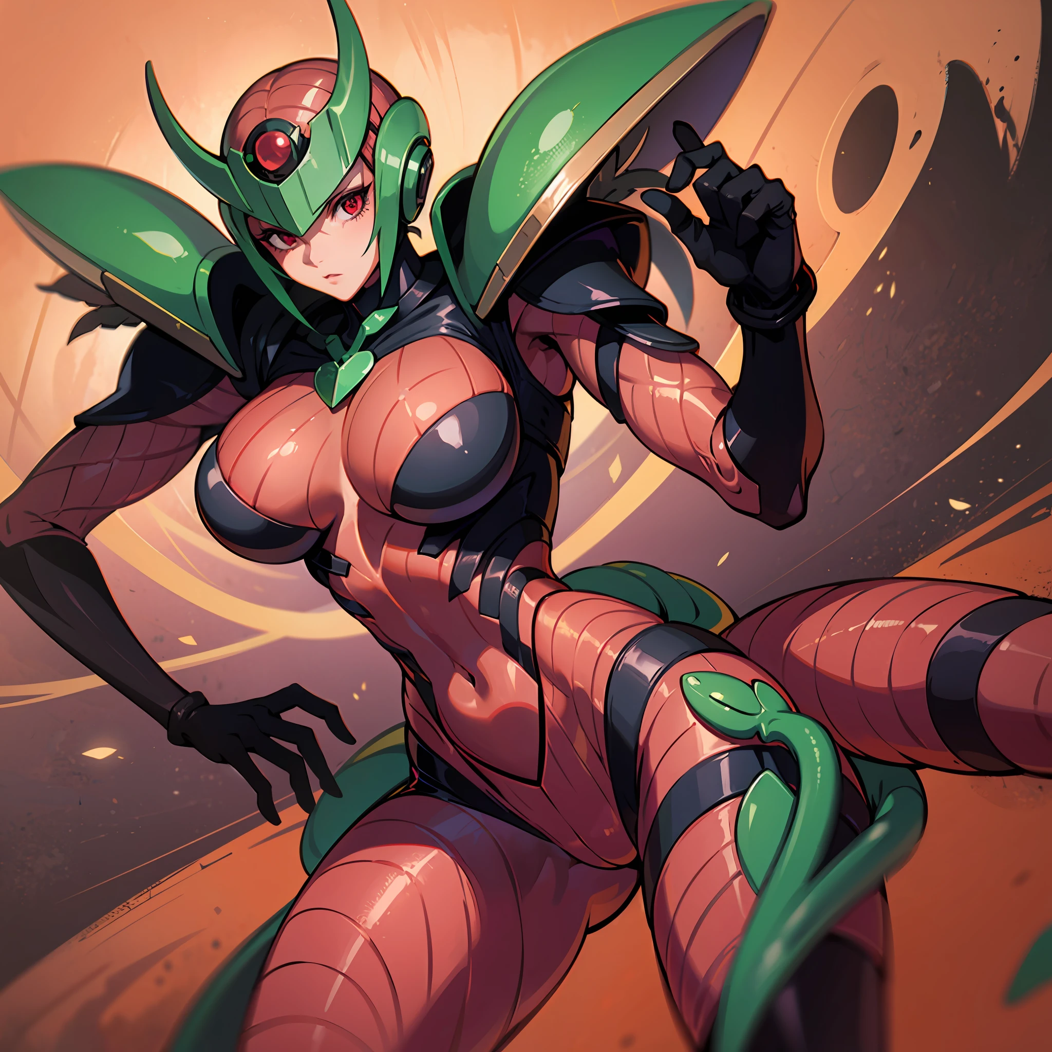 Cartoon photo of woman in green and red costume, hot insect humanoid woman, Guyver style, SFW version, red eye, scarab reploid, bellows tail, cel shade adult animation, alien queen, serpentine pose,