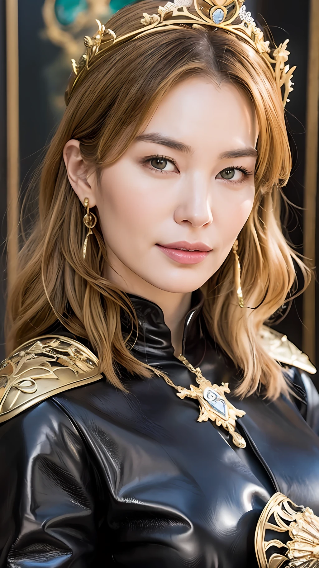 A perfect half-body portrait of Lena Headey as Queen Cersei Lannister, with her mouth with a slight smile, mischievous and intriguing look, an iron crown, with gorgeous jewelry on her lap and details of leather and stones in her beautiful and luxurious black dress