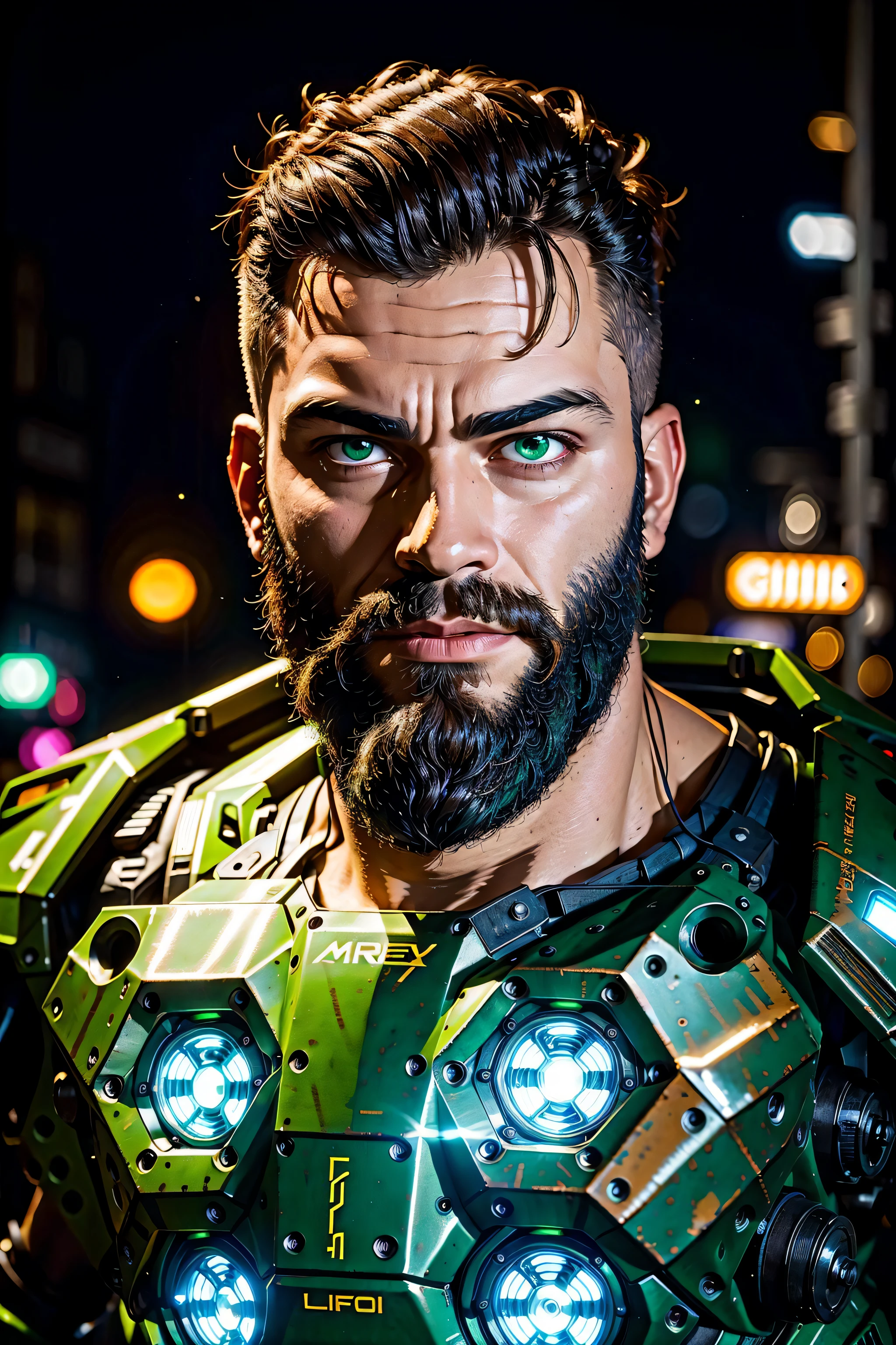 portrait photo of muscular bearded guy in a worn mech suit, surrounded by an electric atmosphere and illuminated with a green neon glow, chest lights, blinkenlights, (light bokeh)++, intricate, (steel metal (rust)-)+, elegant, sharp focus, photo by greg rutkowski, soft lighting, vibrant colors, (masterpiece)+, (streets)++, (detailed face)+, futuristic, hightech, scifi