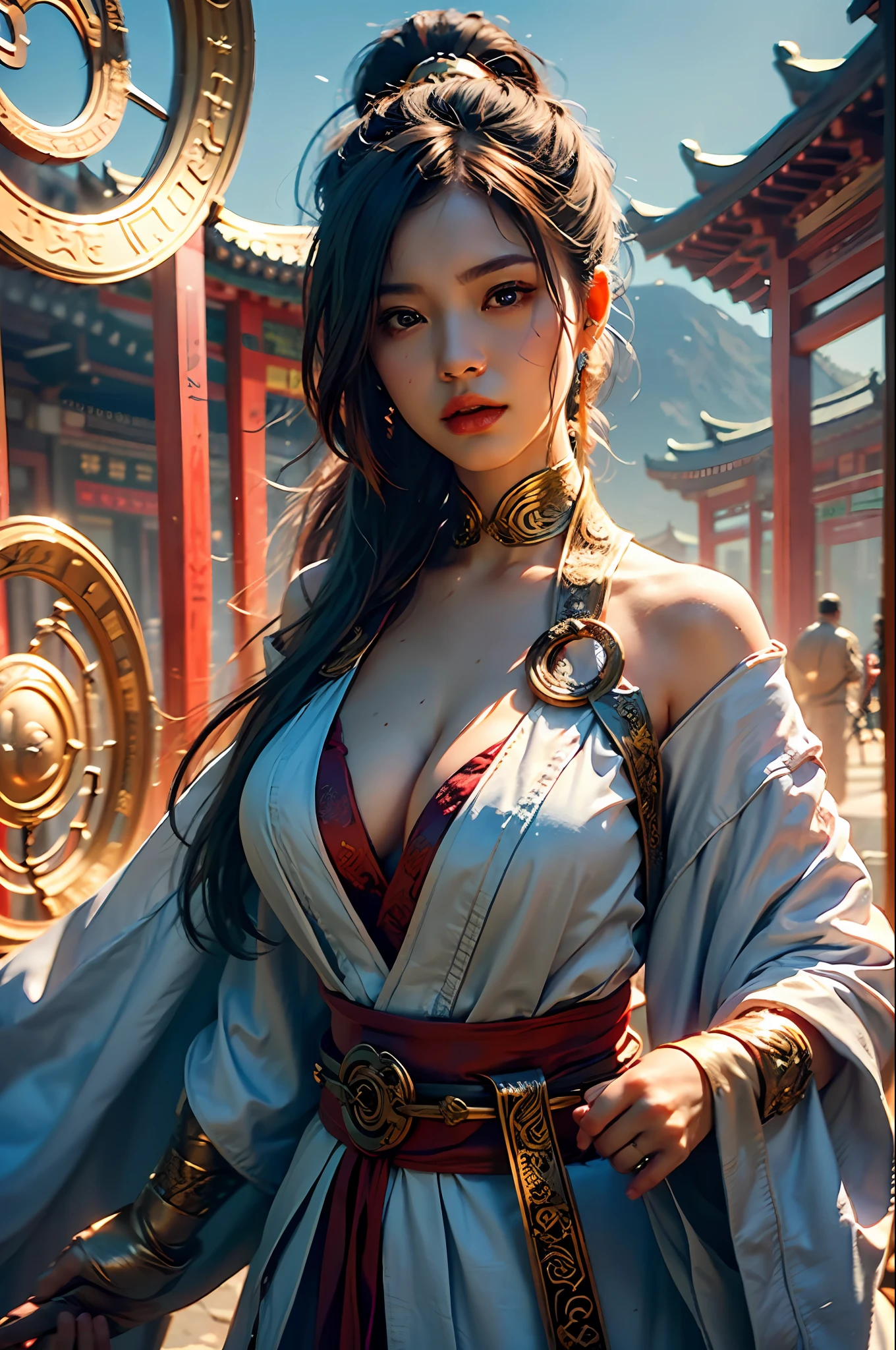 Best quality,masterpiece,ultra high res,(photorealistic:1.4),xiuxian,weapon,Detailed face,
1girl,solo,weapon,cleavage,(magic circle:1.2),xiuxian,upper body,Beautiful girl,full body,east asian architecture,sheath,architecture, gigantic breast