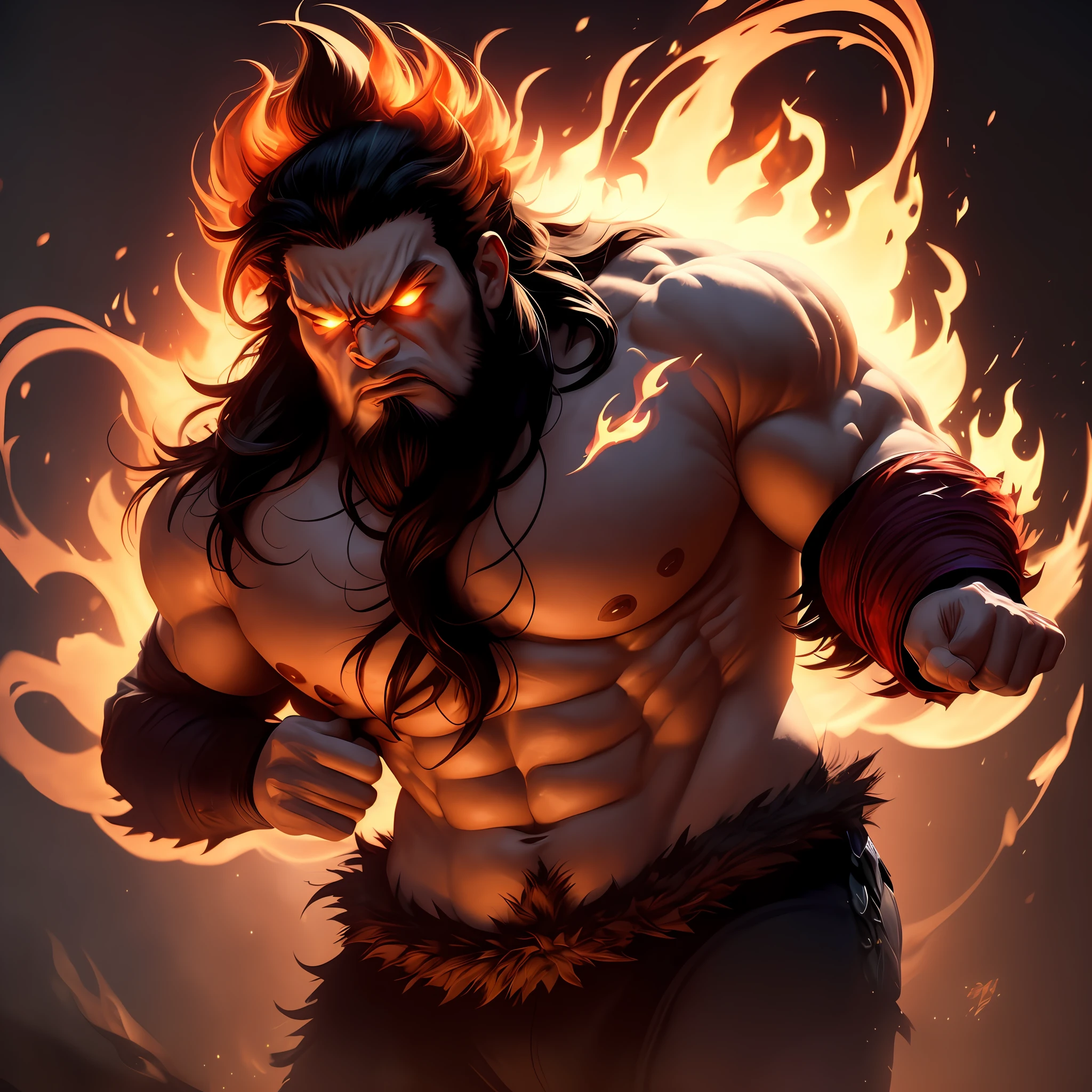 Tall and angry Hercules King, huge body, hair upside down, feet on two villains, a man and a woman. Full body on fire, fire in the sky, (masterpiece), best quality, super high resolution, close-up, colorful fire, photon mapping, radiosity, physically based rendering, cinematic lighting, complex, high detail, sharp focus, dramatic, realistic --auto