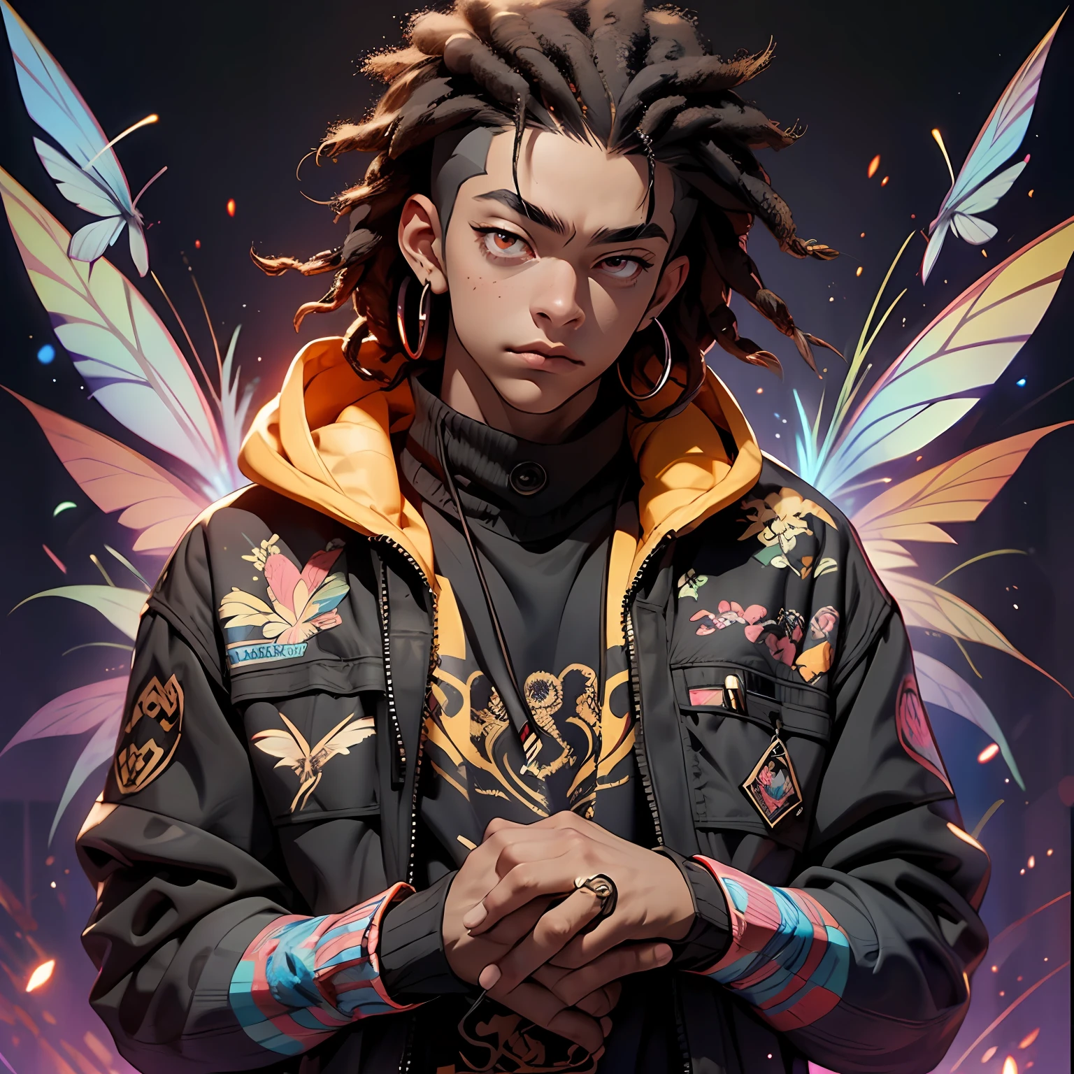 black male character, Short Hair, ((Dreadlocks)), wearing dark hooded coat, with blooming blue butterflies in the background on the character's clothing and face, holographic background, deep dark shadows, cinematic lighting, Realistic, (masterpiece, top quality, best quality, official art,), very detailed, more detailed, (1boy:1.3), black hair, (bright red eyes), mysterious, handsome men, ((hip hop style))
