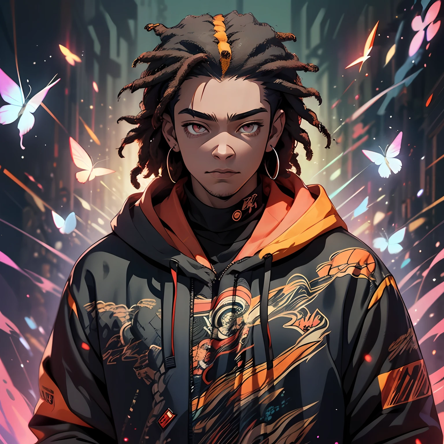 black male character, Short Hair, ((Dreadlocks)), wearing dark hooded coat, with blooming blue butterflies in the background on the character's clothing and face, holographic background, deep dark shadows, cinematic lighting, Realistic, (masterpiece, top quality, best quality, official art,), very detailed, more detailed, (1boy:1.3), black hair, (bright red eyes), mysterious, handsome men, ((hip hop style))