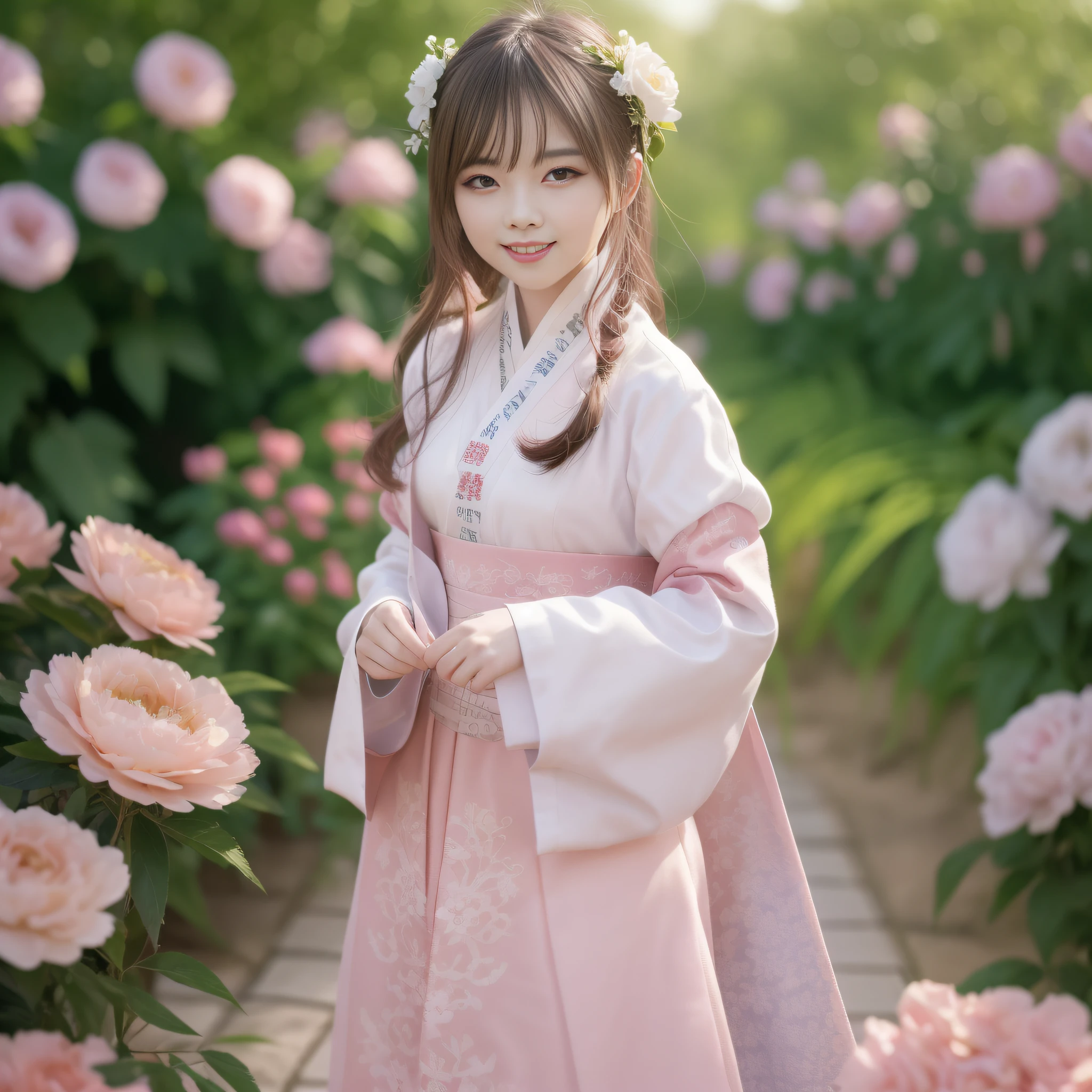 Extremely detailed CG Unity 8k wallpaper, best lighting, super detail, best quality, high resolution, ethnic style girl, soft light, beautiful hair, pink and white hanfu costume, open space, white silk, bright colors, smile, standing among peony bushes
