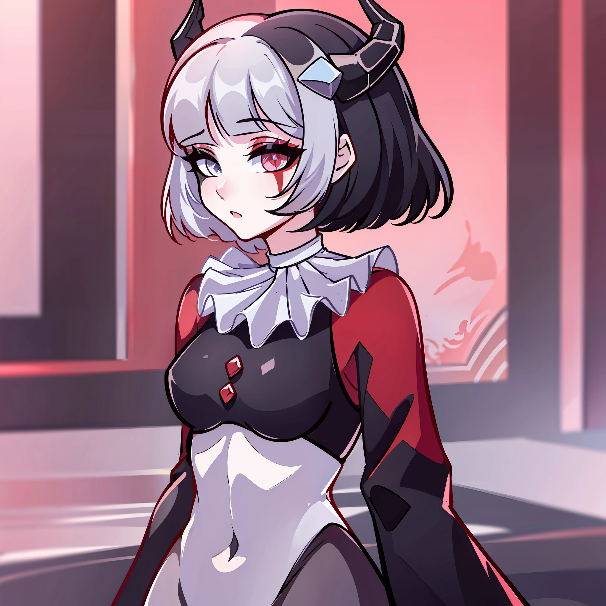 (Best quality: 1.0), (super high res: 1.0), extremely detailed character, detailed Hands, half-dragon girl, horns, scales on the neck, scales on the shoulders, scales on the forearm, scales on the cheek, woman with dragon's tail, extremely detailed hair, short hair, ((white hair)), ((black locks)), extremely detailed eyes, heterochromia, (heterochromia being one eye is white and the other being black), dragon eyes, 2d, anime art, teen, ((full body)), standing, medieval, Rpg