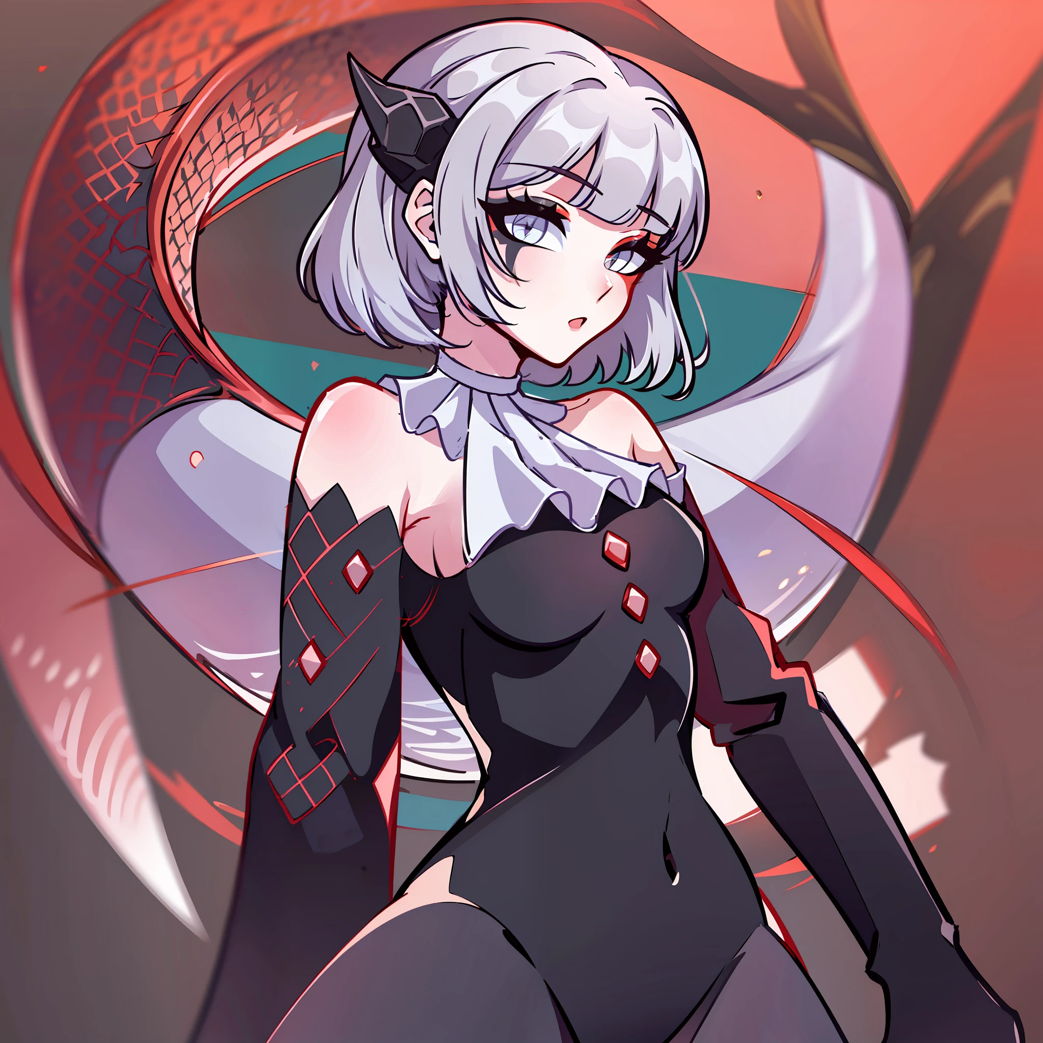 (Best quality: 1.0), (super high res: 1.0), extremely detailed character, detailed Hands, half-dragon girl, horns, scales on the neck, scales on the shoulders, scales on the forearm, scales on the cheek, woman with dragon's tail, extremely detailed hair, short hair, ((white hair)), ((black locks)), extremely detailed eyes, heterochromia, (heterochromia being one eye is white and the other being black), dragon eyes, 2d, anime art, teen, ((full body)), standing, medieval, Rpg