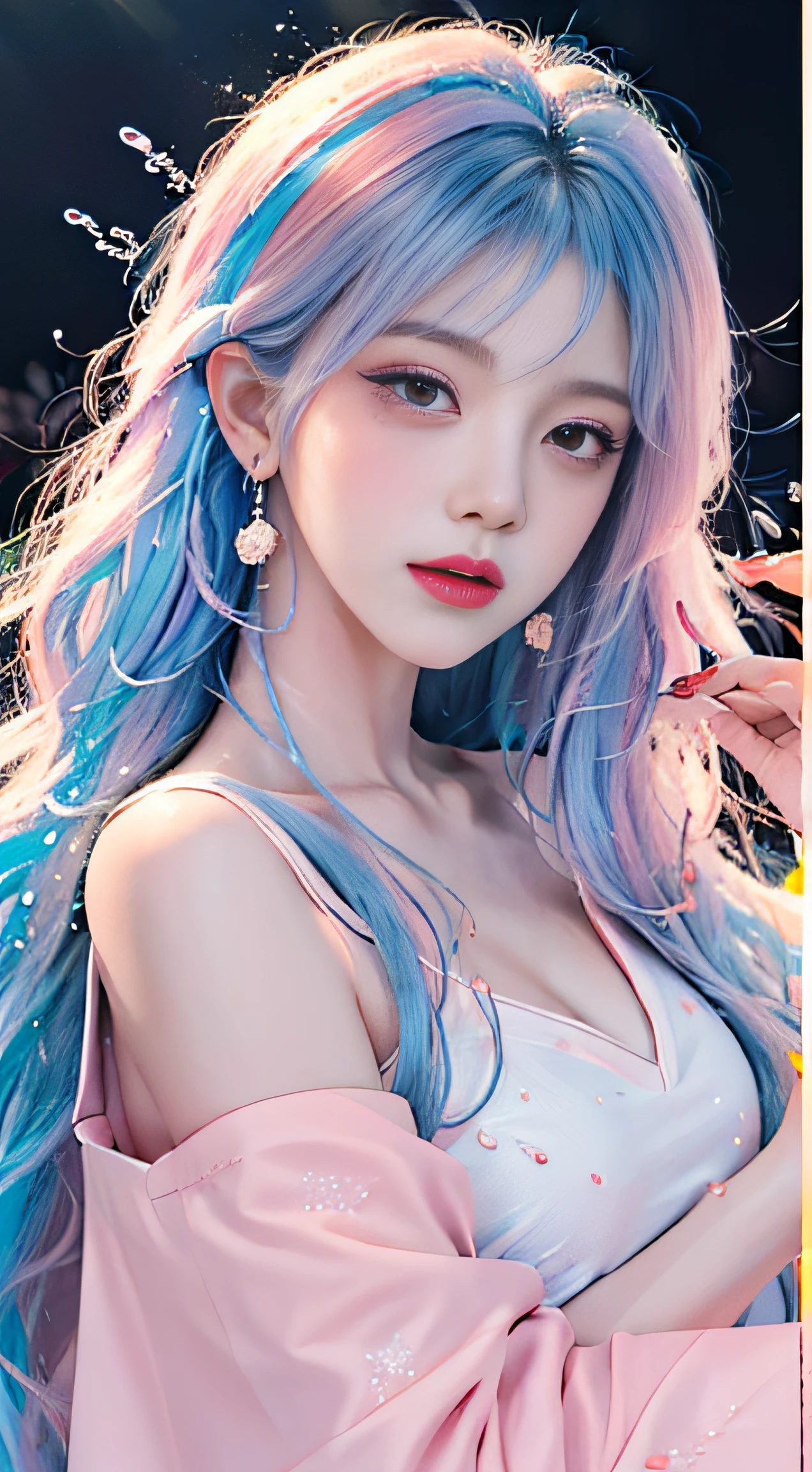 (Masterpiece, Best Quality, High Resolution), White Background, Acrylic Paint, Anime Shoujo, ((Color Splash, Splash of Ink, Color Splash)), Sweet Chinese Girl, Light Blue Long Hair, [Light Blue|Pink] Hair, Curly Hair, Glitter, Peach Lips, White Shirt, Front, Upper Body