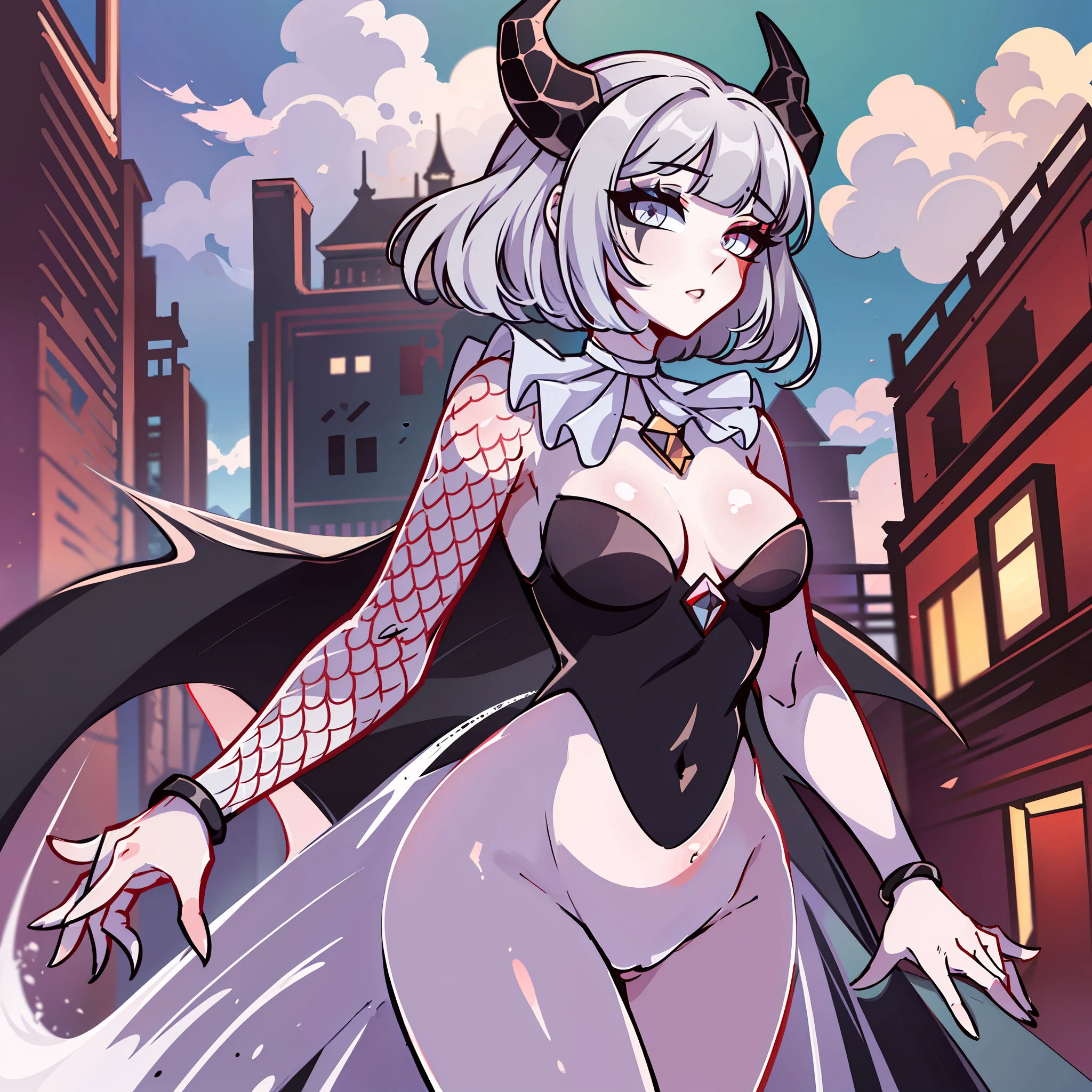 (Best quality: 1.0), (super high res: 1.0), extremely detailed character, detailed Hands, half-dragon girl, horns, scales on the neck, scales on the shoulders, scales on the forearm, scales on the cheek, woman with dragon's tail, extremely detailed hair, short hair, ((white hair)), ((black locks)), extremely detailed eyes, heterochromia, (heterochromia being one eye is white and the other being black),  dragon eyes, 2d, anime art, teen, ((full body)), standing, medieval, Rpg