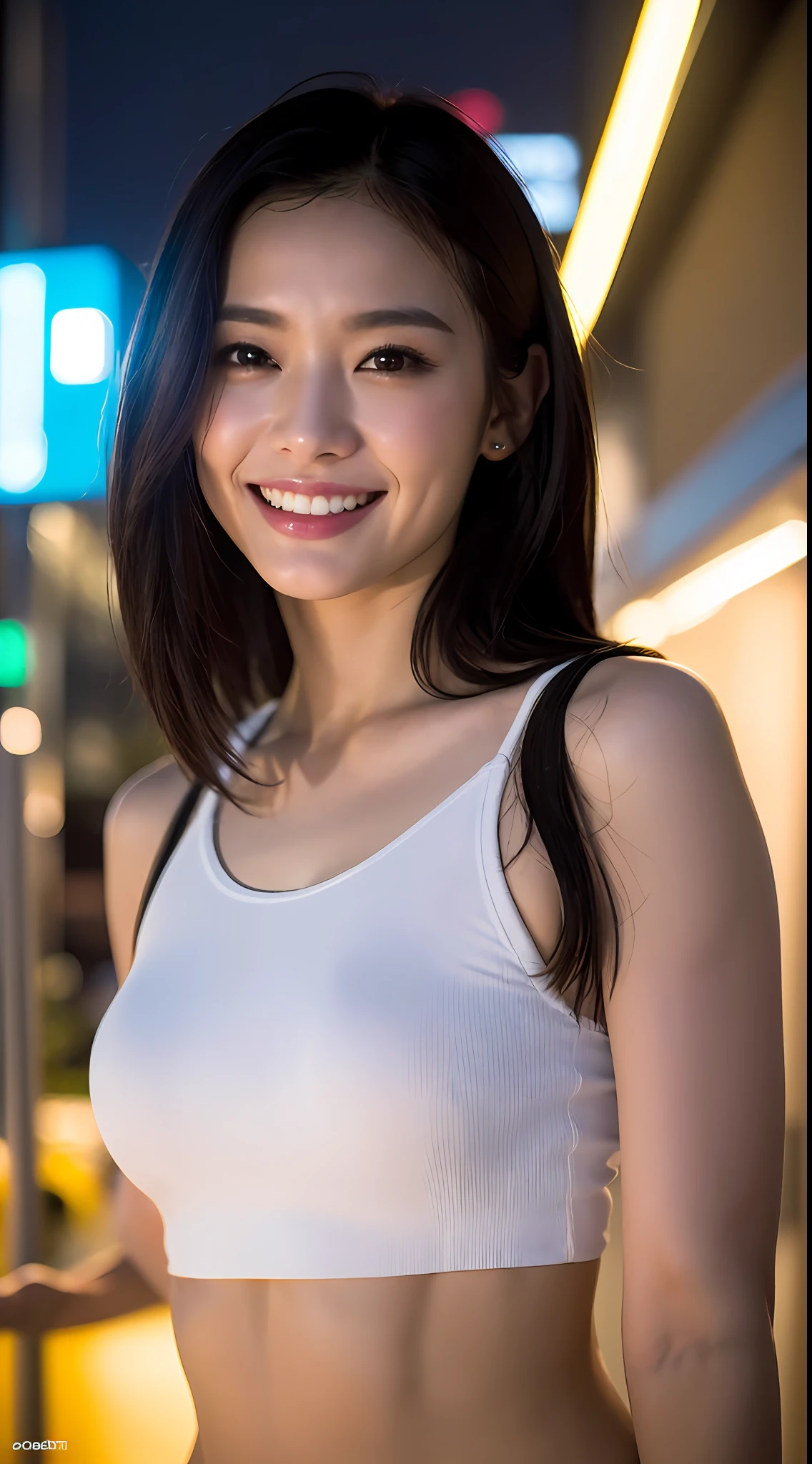 (8k, RAW Photos, Best Quality, High Resolution: 1.1), (Ultra-Realistic: 1.4), (Realistic, Photorealistic: 1.3), Soft Light, Big Girl, Realistic Face, Realistic Body, Realistic Skin, Absurdity, Masterpiece, (Cute: 1.8), Cuties, Solo, (Large: 1.2), Detailed Black Eyes, Innocent Eyes, Cheeks, (Tank Top: 1.2), Cinema Light, Film Grain, ((Big: 1.1)), Cherry Colored Lips, Close Up, Look Viewer, Upper Body, Open Lips, Upper Teeth, (Smiling Eyes: 0.6), (((grinning: 1.2)), Depth of Field, Blurred Background, Eye Focus, Bokeh, Midnight, Shinjuku, Neon Sign, Cyberpunk, Rain, 85mm Lens, f/1.4, Professional Lighting, Young, Portrait, Photon Mapping, Radiosity, physically based rendering