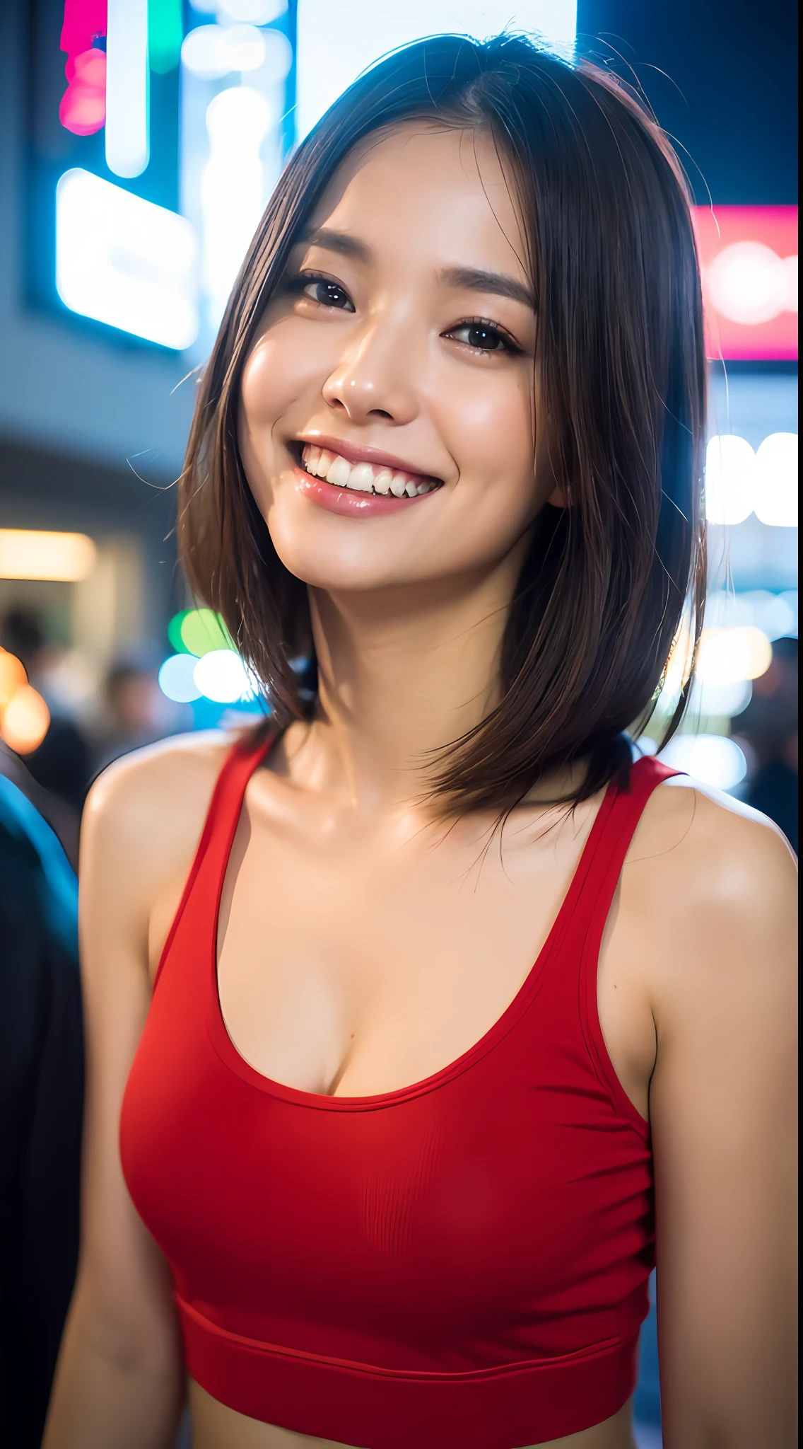 (8k, RAW Photos, Best Quality, High Resolution: 1.1), (Ultra-Realistic: 1.4), (Realistic, Photorealistic: 1.3), Soft Light, Big Girl, Realistic Face, Realistic Body, Realistic Skin, Absurdity, Masterpiece, (Cute: 1.8), Cuties, Solo, (Large: 1.2), Detailed Black Eyes, Innocent Eyes, Cheeks, (Tank Top: 1.2), Cinema Light, Film Grain, ((Big: 1.1)), Cherry Colored Lips, Close Up, Look Viewer, Upper Body, Open Lips, Upper Teeth, (Smiling Eyes: 0.6), (((grinning: 1.2)), Depth of Field, Blurred Background, Eye Focus, Bokeh, Midnight, Shinjuku, Neon Sign, Cyberpunk, Rain, 85mm Lens, f/1.4, Professional Lighting, Young, Portrait, Photon Mapping, Radiosity, physically based rendering