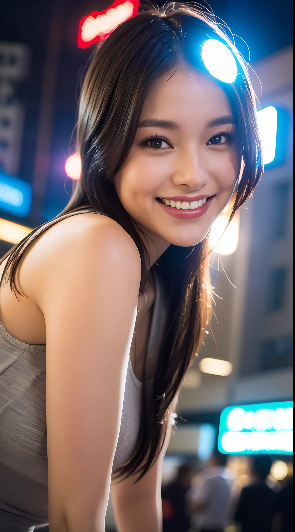 (8k, RAW Photos, Best Quality, High Resolution: 1.1), (Ultra-Realistic: 1.4), (Realistic, Photorealistic: 1.3), Soft Light, Big Girl, Realistic Face, Realistic Body, Realistic Skin, Absurdity, Masterpiece, (Cute: 1.8), Cuties, Solo, (Large: 1.2), Detailed Black Eyes, Innocent Eyes, Cheeks, (Tank Top: 1.2), Cinema Light, Film Grain, ((Big: 1.1)), Cherry Colored Lips, Close Up, Look Viewer, Upper Body, Open Lips, Upper Teeth, (Smiling Eyes: 0.6), (((grinning: 1.2)), Depth of Field, Blurred Background, Eye Focus, Bokeh, Midnight, Shinjuku, Neon Sign, Cyberpunk, Rain, 85mm Lens, f/1.4, Professional Lighting, Young, Portrait, Photon Mapping, Radiosity, physically based rendering