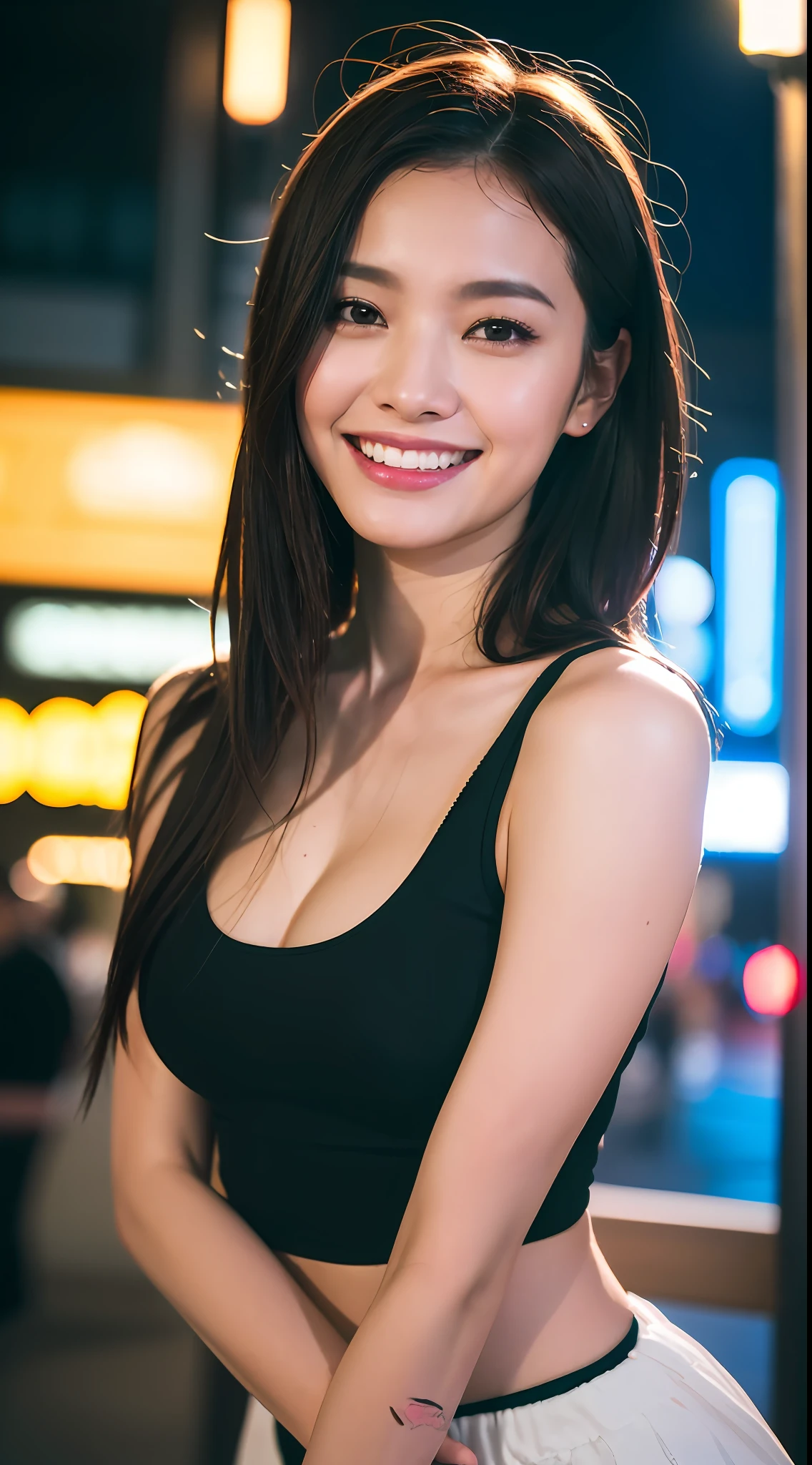 (8k, RAW Photos, Best Quality, High Resolution: 1.1), (Ultra-Realistic: 1.4), (Realistic, Photorealistic: 1.3), Soft Light, Big Girl, Realistic Face, Realistic Body, Realistic Skin, Absurdity, Masterpiece, (Cute: 1.8), Cuties, Solo, (Large: 1.2), Detailed Black Eyes, Innocent Eyes, Cheeks, (Tank Top: 1.2), Cinema Light, Film Grain, ((Big: 1.1)), Cherry Colored Lips, Close Up, Look Viewer, Upper Body, Open Lips, Upper Teeth, (Smiling Eyes: 0.6), (((grinning: 1.2)), Depth of Field, Blurred Background, Eye Focus, Bokeh, Midnight, Shinjuku, Neon Sign, Cyberpunk, Rain, 85mm Lens, f/1.4, Professional Lighting, Young, Portrait, Photon Mapping, Radiosity, physically based rendering