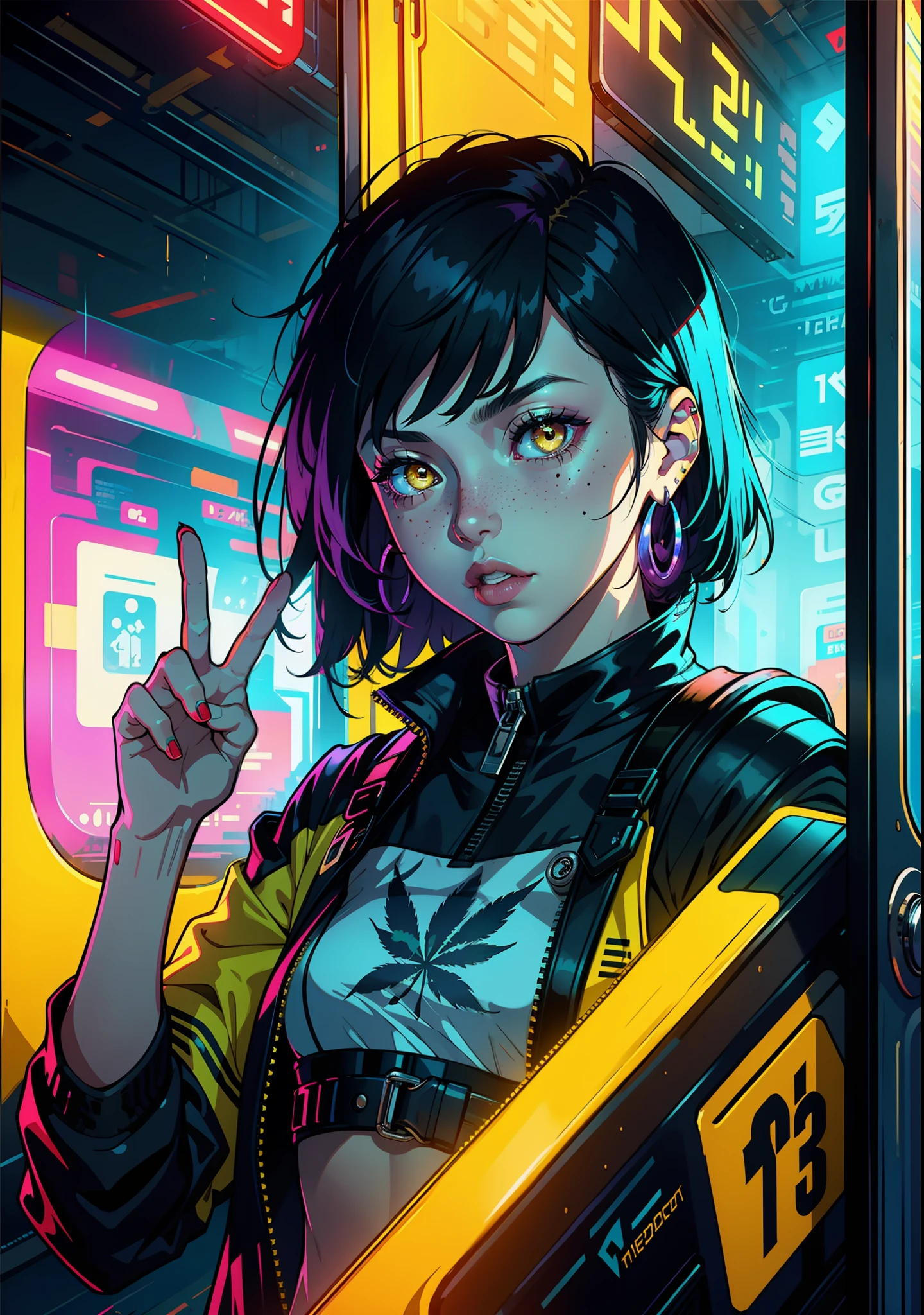 1girl, solo, colorful, yellow eyes, cyberpunk, modern, futuristic, magic, car, train, city, peace sign, earrings, purple hair, neon lights, highlights, reflection, rectra, freckles, prosthesis, mechanics, neon, beautiful lighting, purple reflection, cap, smoking, character focus, cg illustration, bust shot, yellow and black outfit, black hair, cannabis, smoke, euphoria, energy