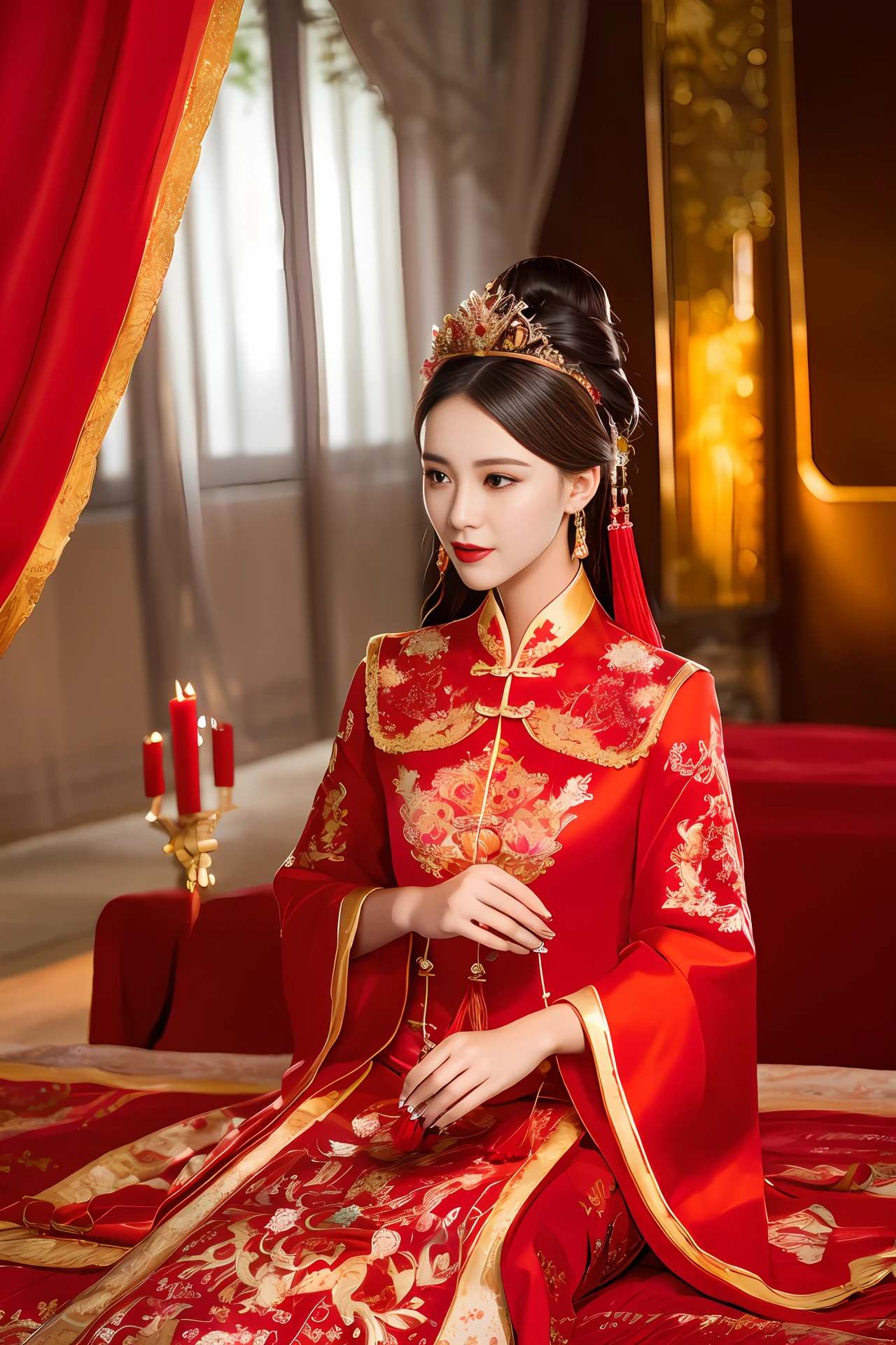 (best quality:1.1) ,(photorealistic:1.1), (photography:1.1), (highly detailed:1.1), a woman in a red and gold dress with a tiara on her head, hair stick,(sitting on red bed),blush,shy,black_hair, crown,looking down, (2 red candles), chinese_clothes, curtains, earrings, hair_ornament, hanfu, indoors, jewelry, long_sleeves, red dress, red lips, tassel, (Red quilt),(red palace:1.2),