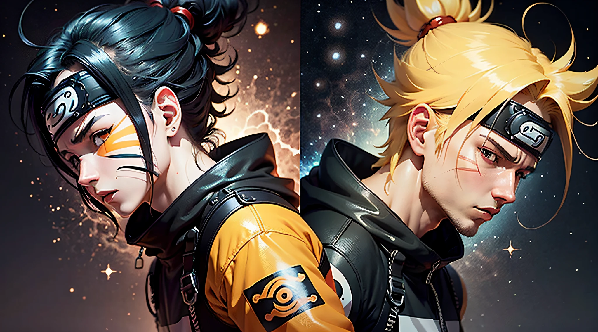 Based on the Naruto anime create an image with a vibrant and captivating design, with visual elements that represent the universe of the Naruto anime.
The background of this image is composed of a smooth gradient of colors that match the aesthetics of the anime,
such as shades of orange, blue, and black. With a dynamic and mysterious atmosphere. --auto