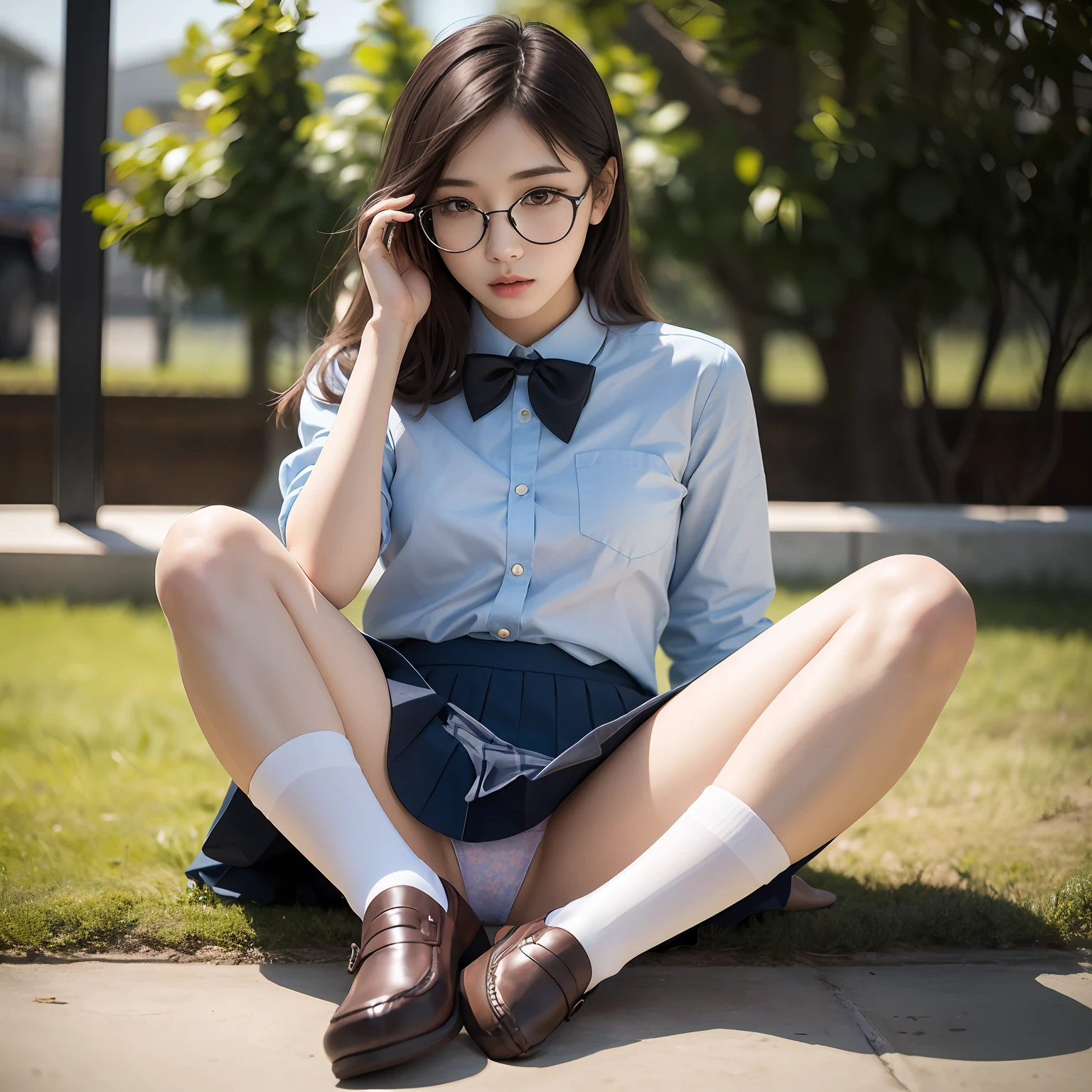 alone,solo,underwear, photo of a 20-year-old woman, cute, panties,chinese woman ((kpop idol)), small,small breasts,flat breasts,round glasses,full body,anger,lace panties, sitting, panty shot, spread legs, skirt, school uniform, light blue panties, socks, black hair, shirt, blurred, blurry background, blue shirt, loafers, realistic, Medium hair, lips, brown eyes, black socks, bow tie, pleated skirt, bow, headrest, sideways, outdoors, brown footwear, masterpiece, best quality, ultra detail
