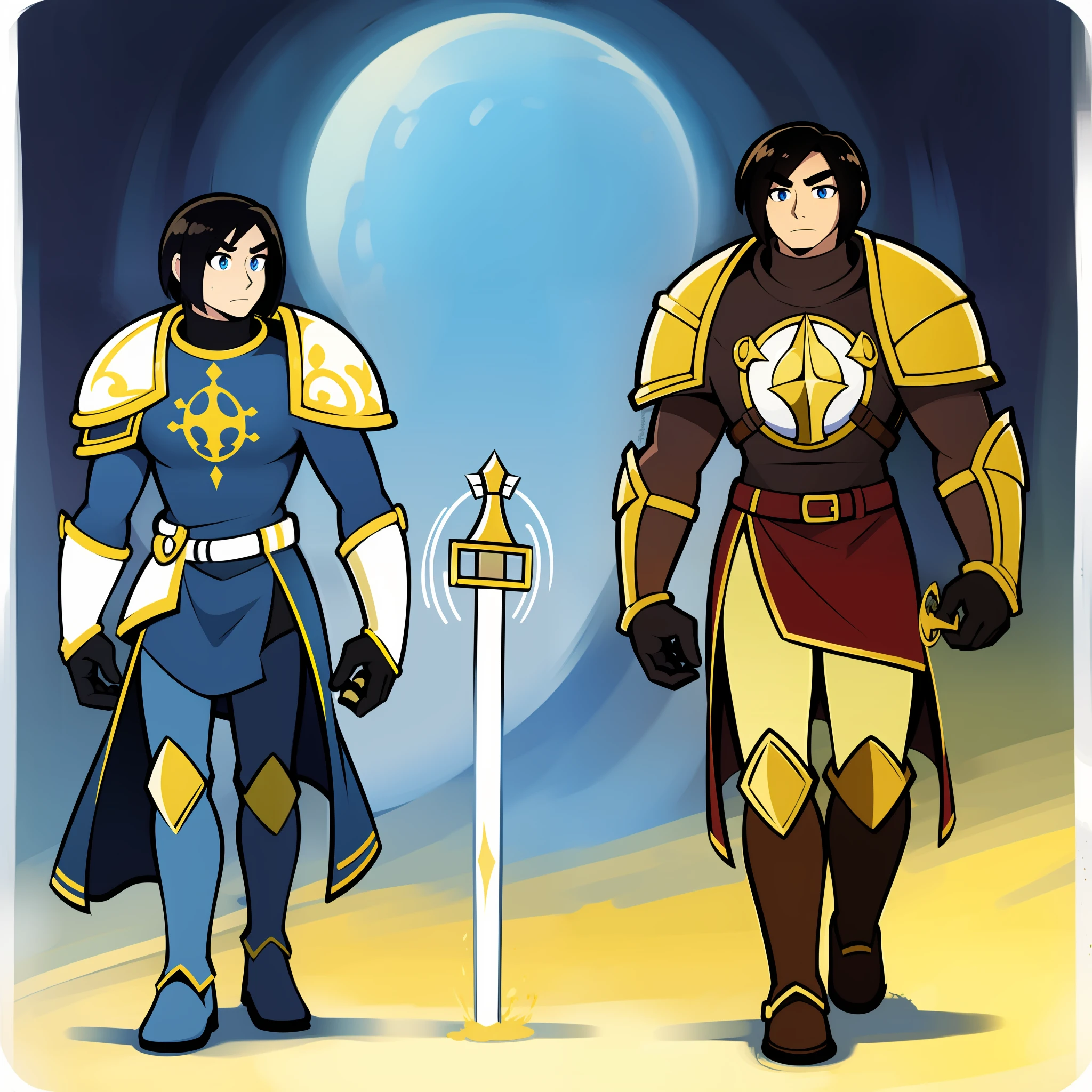 male, paladin, short hair, blue eyes, alone, walking, 1character, holding lance,,1boy