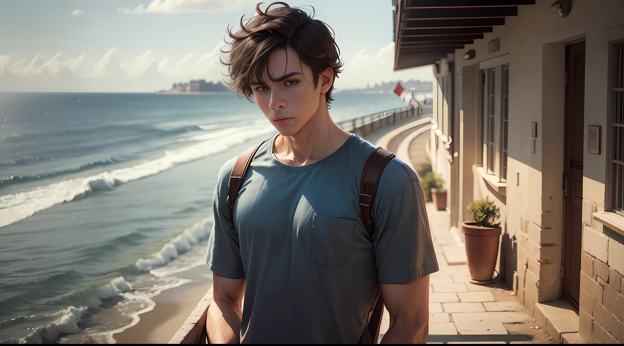 A young man, with short dark hair, neat and somewhat messy, a dark T-shirt with jeans, looking tired and with some sweat on his face, stood on the white tower, standing on the seaside hill