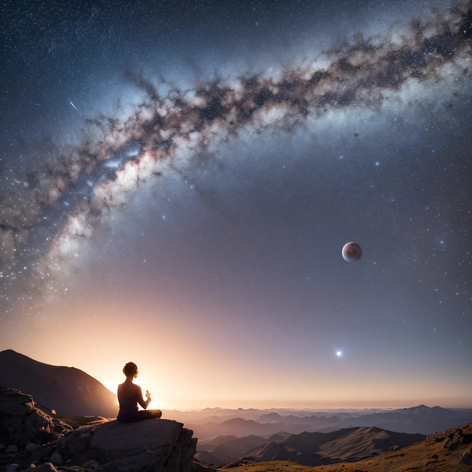 Realistic landscape of the silhouette of a person meditating on the top of a mountain under a starry sky with several planets --auto