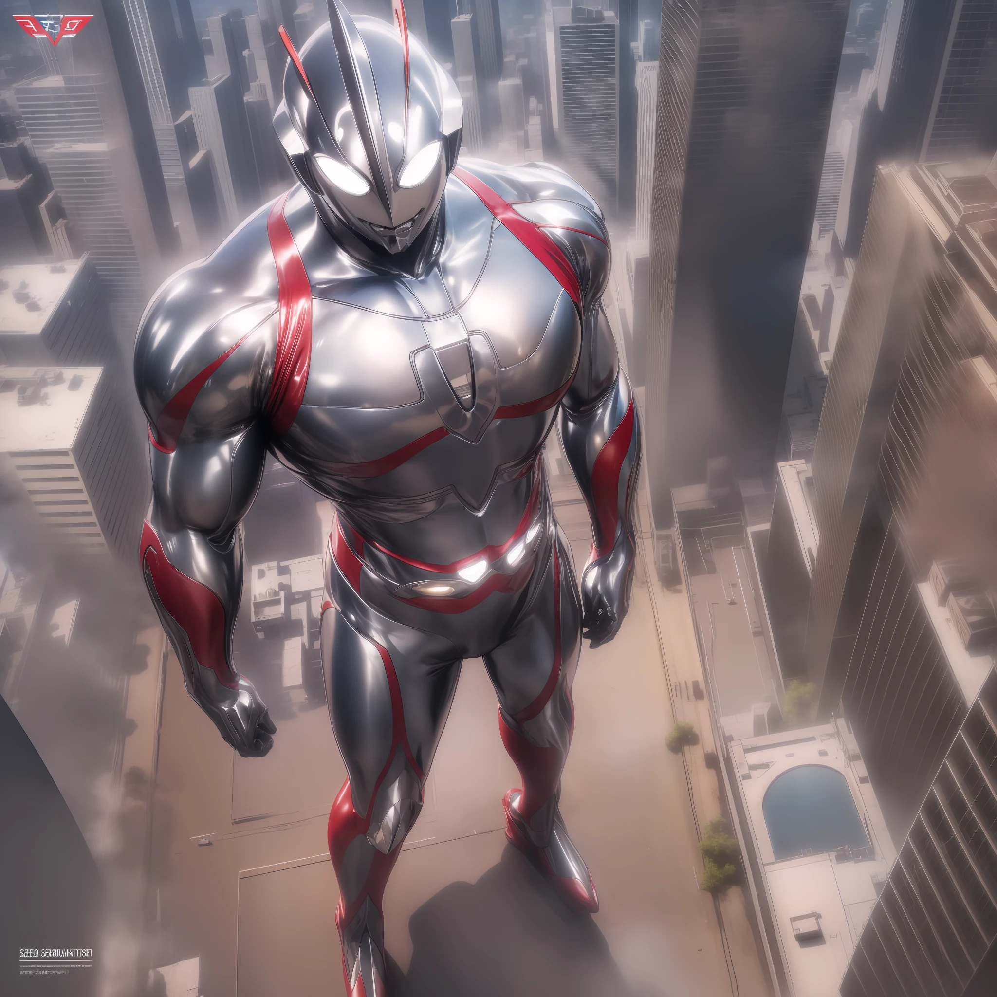 (Masterpiece, Superb Quality, Super Delicate, High Resolution), Male Focus, (((Ultraman))), (((Muscle))), (His head is tapered, his body is made of red and silver, his arms are streamlined, there is a round calculator on his chest, he looks tall and thin, the overall shape is streamlined and modern), (Standing pose), Pose for Photos, Top View, Dark Night, City Ruins, Background Details, ((((Full Body))), From Above, Solo, (((Sense of Greatness))