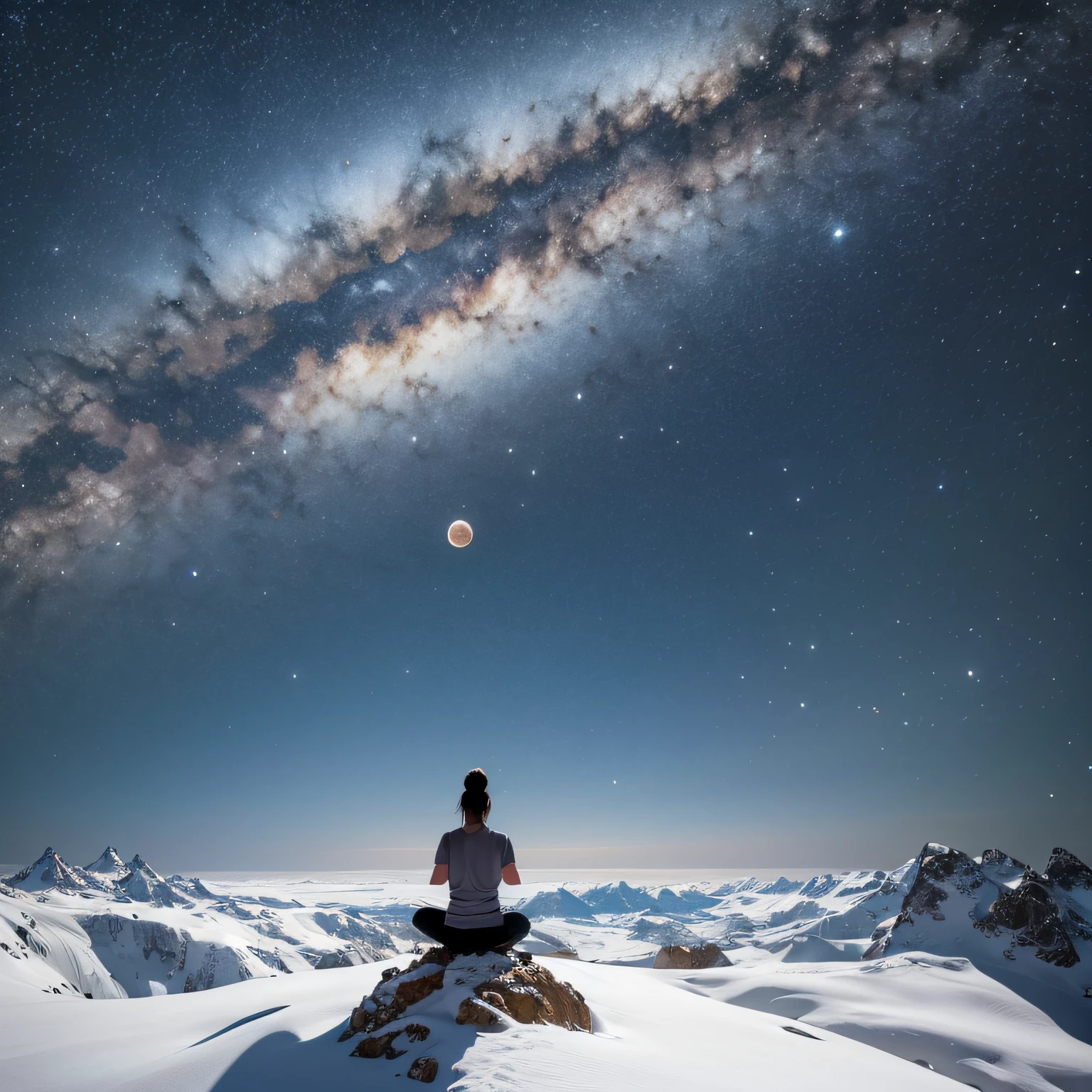 Realistic landscape of the silhouette of a person meditating on the top of a mountain under a starry sky with several planets --auto