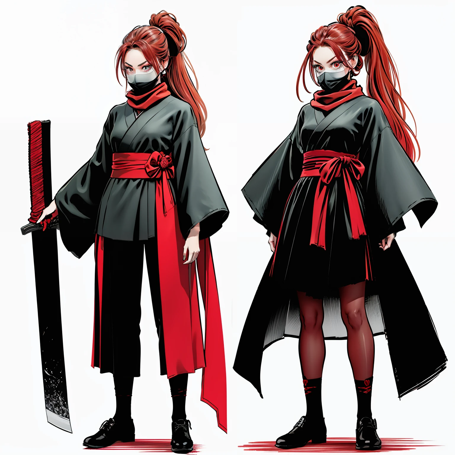 a 20 year old woman,beautiful,long hair tied red,scarf red,black kimono with red details,red sash,black pants,red shoe,red machete with black details,ninja,full body character,t pose,reference sheet