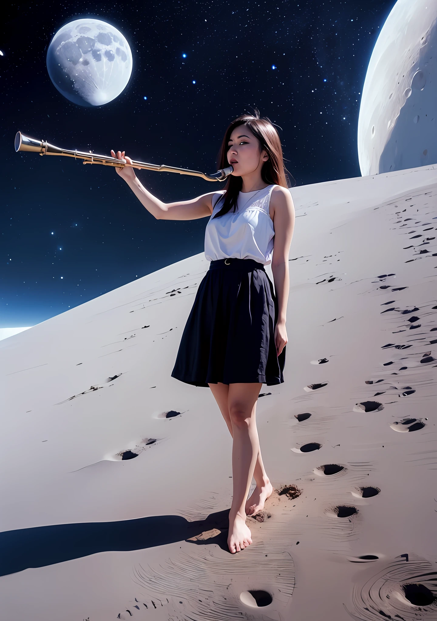 Stepping on the moon, blowing the flute