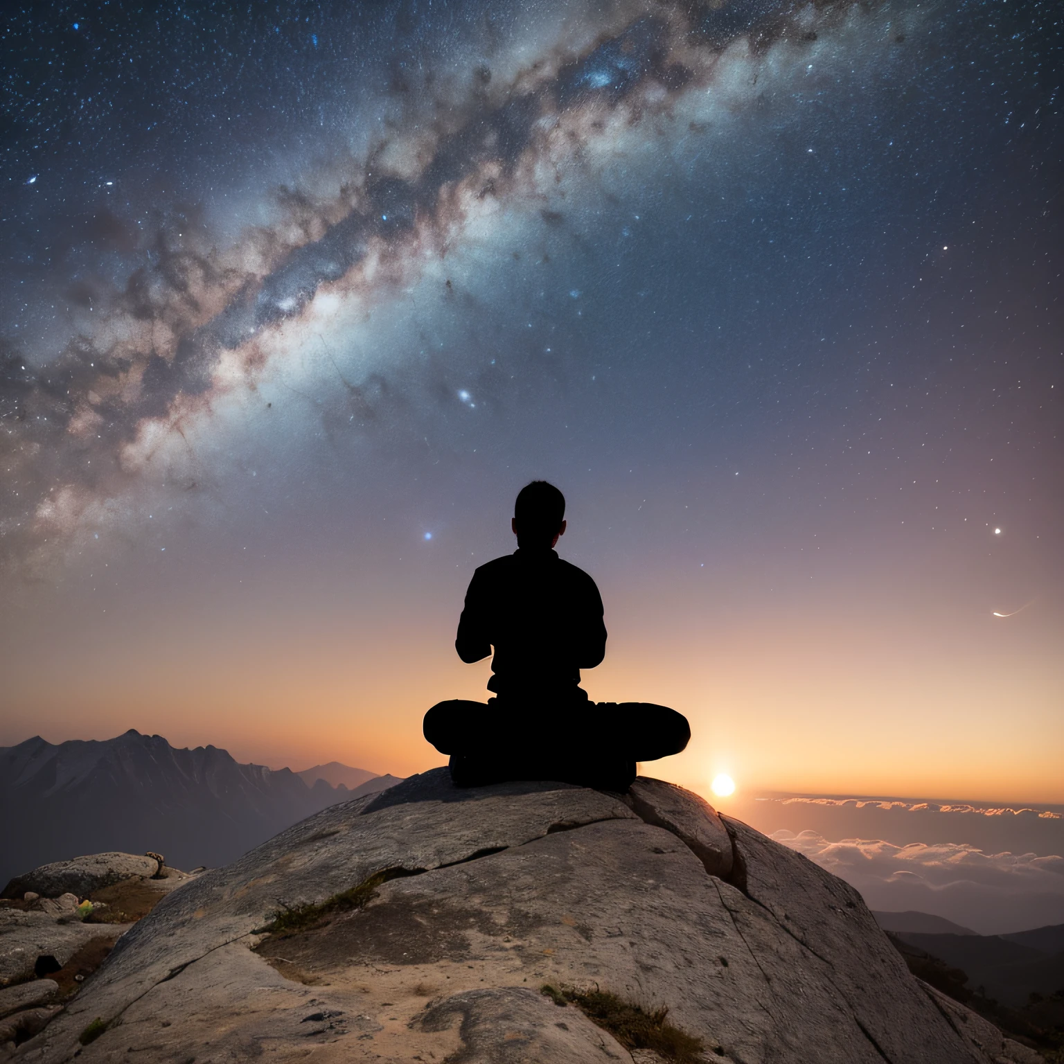 Realistic landscape of the silhouette of a person meditating on the top of a mountain under a starry sky with several planets --auto