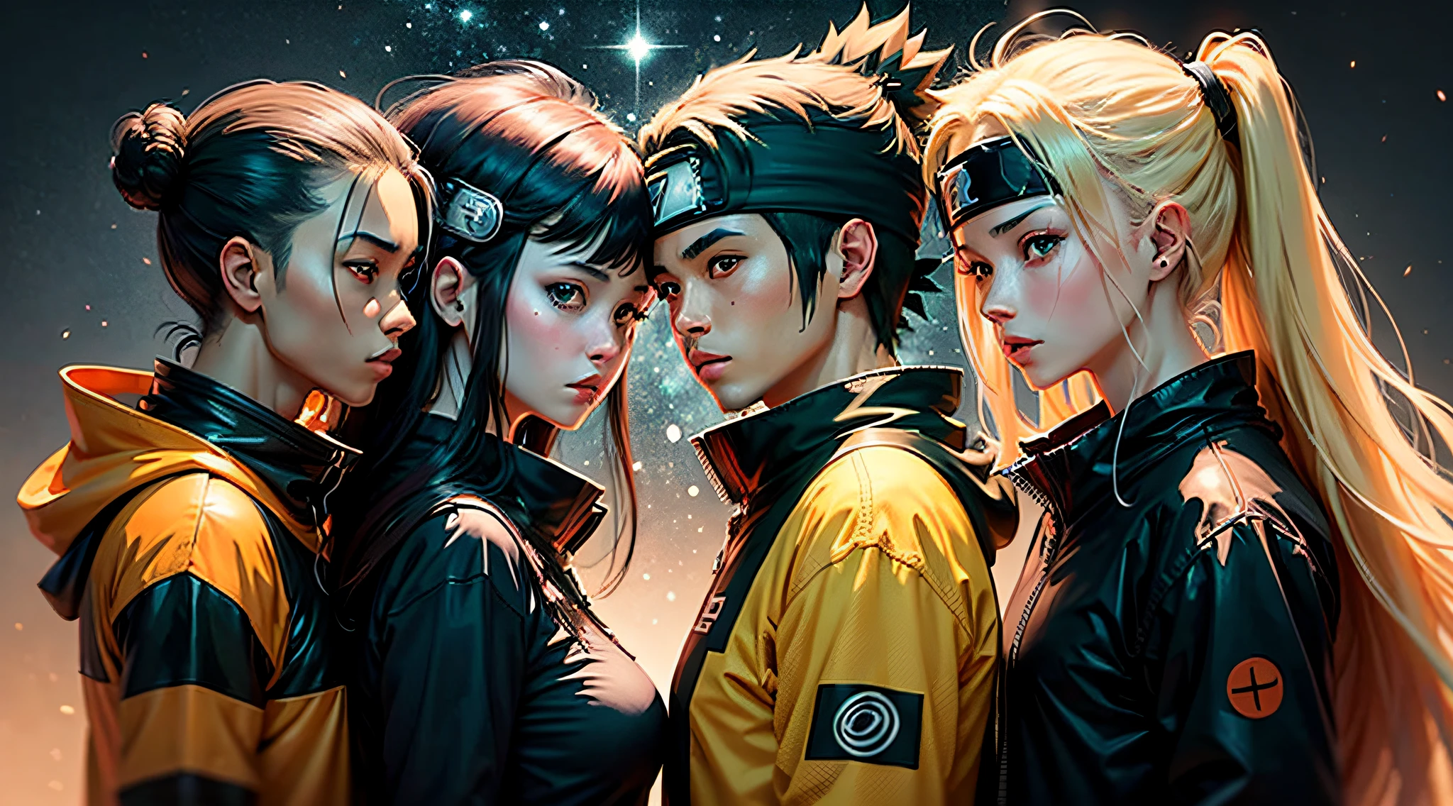 Based on the Naruto anime create an image with a vibrant and captivating design, with visual elements that represent the universe of the Naruto anime.
The background of this image is composed of a smooth gradient of colors that match the aesthetics of the anime,
such as shades of orange, blue, and black. With a dynamic and mysterious atmosphere. --auto