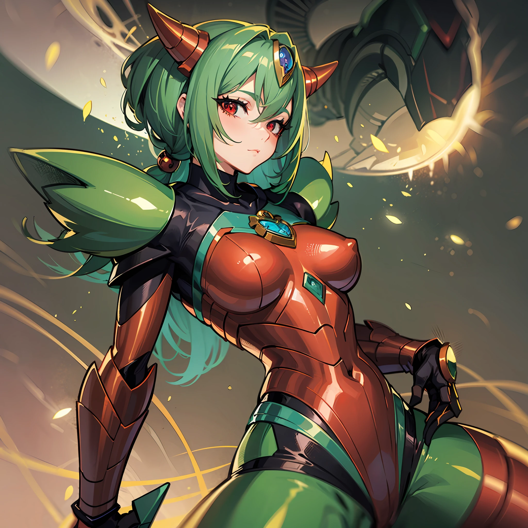 Cartoon photo of woman in green and red costume, hot insect humanoid woman, Guyver style, SFW version, red eye, scarab reploid, bellows tail, cel shade adult animation, alien queen, serpentine pose,