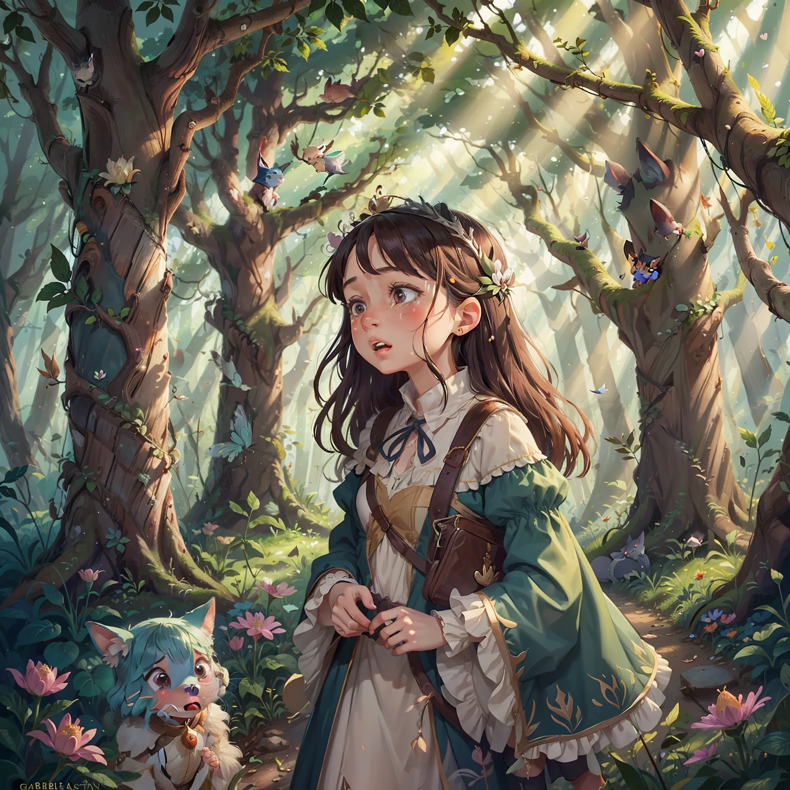 In the heart of petaland, there was an enchanted forest, full of magical creatures and hidden secrets. Gabrielle was a very curious princess and always yearned to explore the mysteries of the forest. One day, while walking through the woods, she heard a low cry