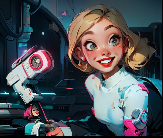 blonde woman, cyberpunk, red lips, masterpiece, cartoon, smile,