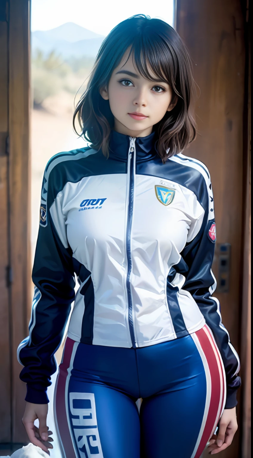 Racing suit, desert, (inspired by the Avengers), short blue hair, one-piece gel pants, machine girl, safety rating, big ass, (8k, foto raw, fotorrealista: 1, 25), (muito brilho labial, muitos cílios, melhor qualidade, ultra alta resolução, profundidade de campo, Aberração cromática, luz ampla, cor natural, distant image (1:2)